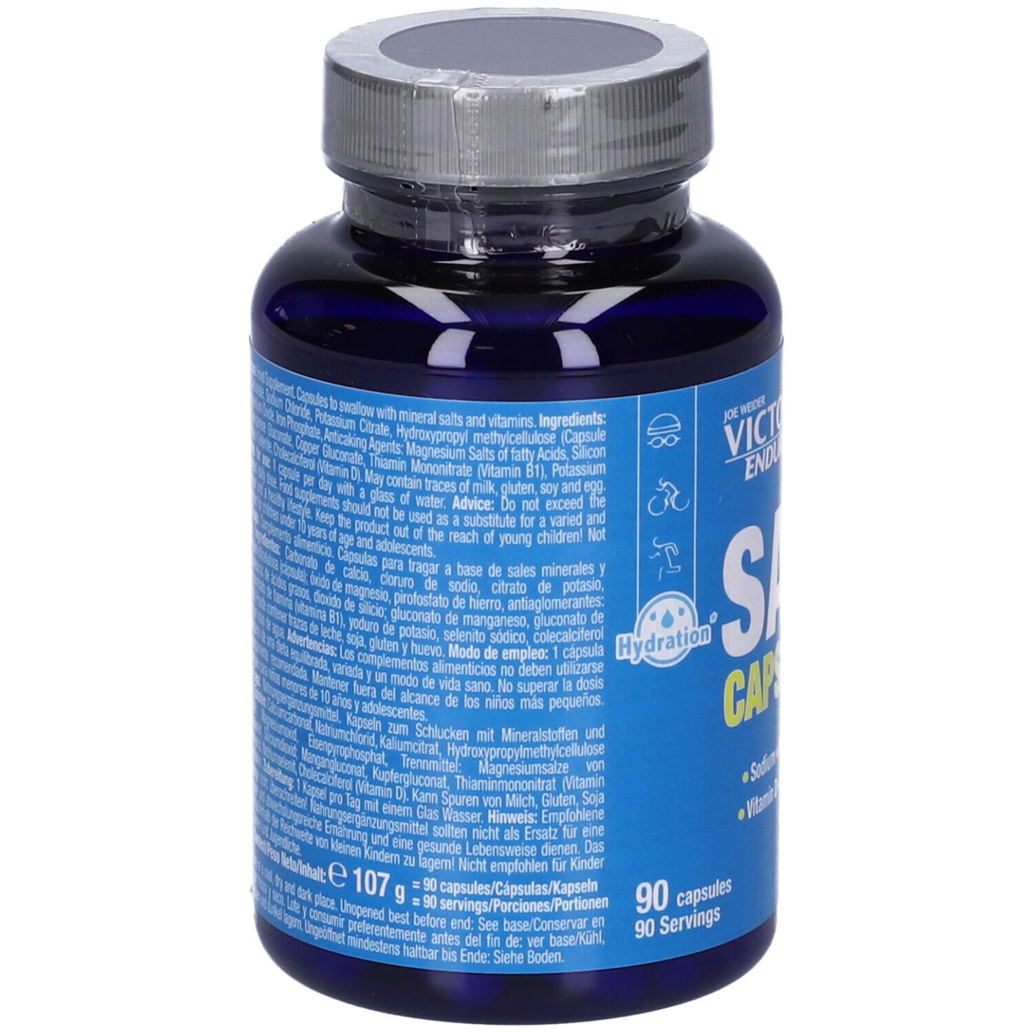 Flacone blu di Salt Caps. Scritta: Victory Endurance, Salt Caps. Retro con ingredienti e informazioni nutrizionali. 90 capsule.