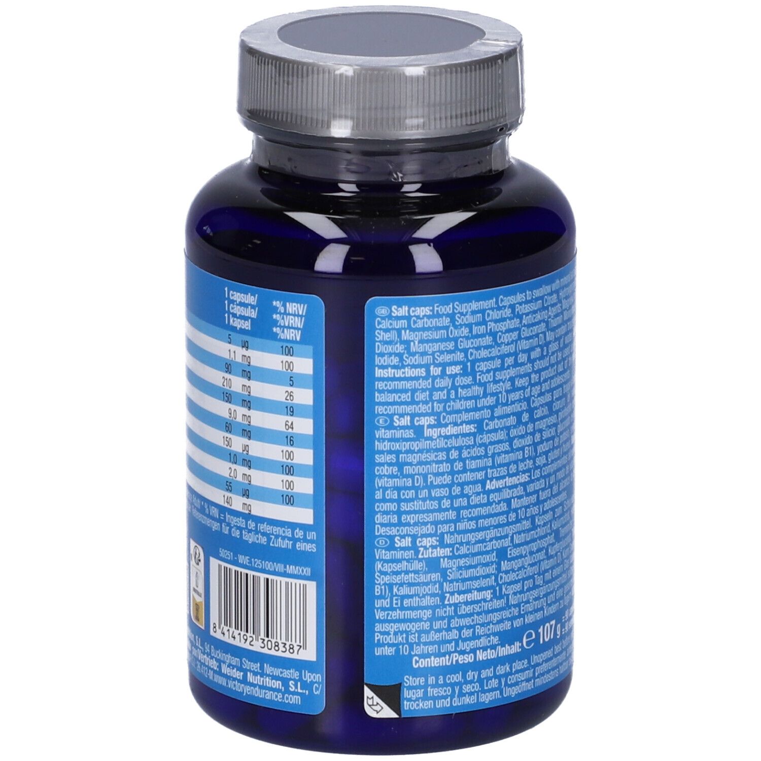 Flacone blu di Salt Caps. Retro con informazioni nutrizionali. Contiene vitamine e minerali. 90 capsule. Informazioni produttore.
