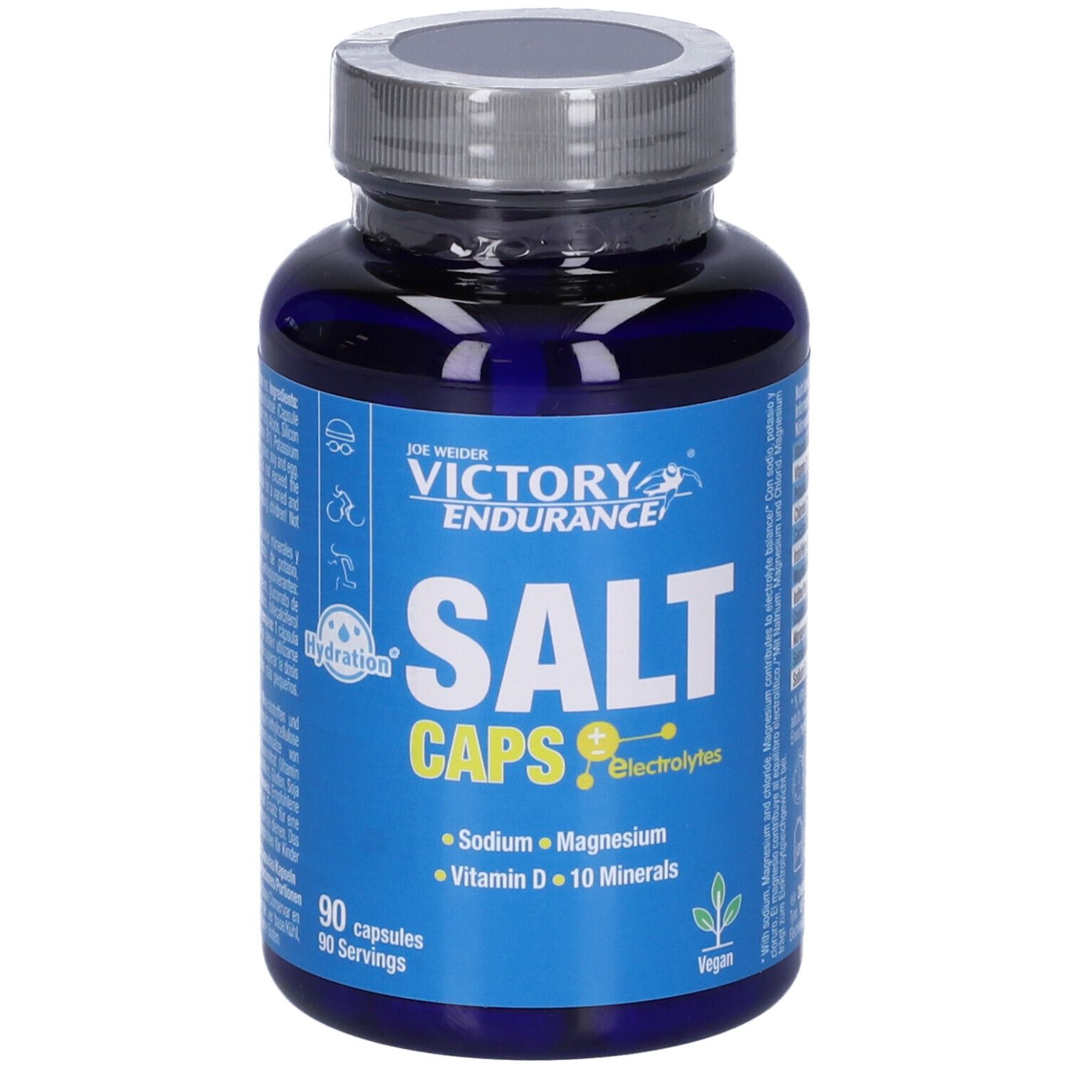 Flacone blu di Salt Caps. Scritta: Victory Endurance, Salt Caps, 90 capsule. Contiene sodio, magnesio, vitamina D e 10 minerali.