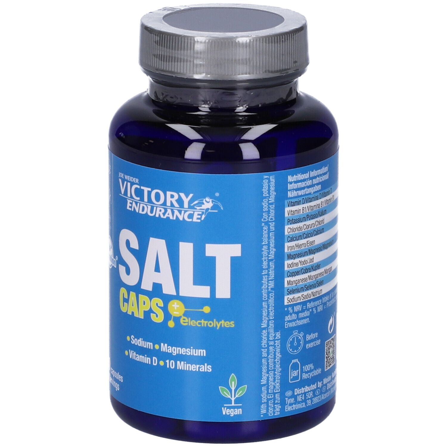 Flacone blu di Salt Caps. Scritta: Victory Endurance, Salt Caps, 90 capsule. Contiene sodio, magnesio, vitamina D e 10 minerali.