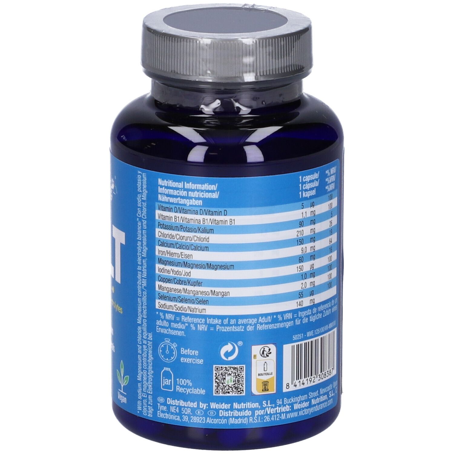 Flacone blu di Salt Caps. Retro con informazioni nutrizionali. Contiene vitamine e minerali. 90 capsule. Informazioni produttore.
