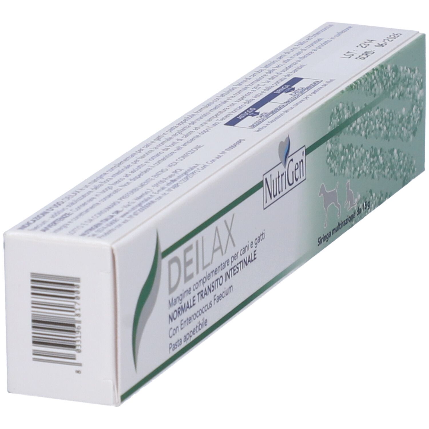 Vista obliqua di una confezione in cartone bianco. Nome del prodotto DEILAX e logo NutriGen. Codice a barre sul lato.