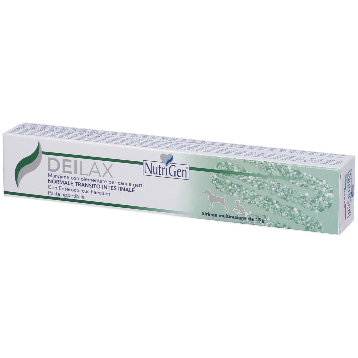 Scatola bianca con nome DEILAX e logo NutriGen. Testo: Mangime complementare per cani e gatti. Siringa multidosi da 15g.
