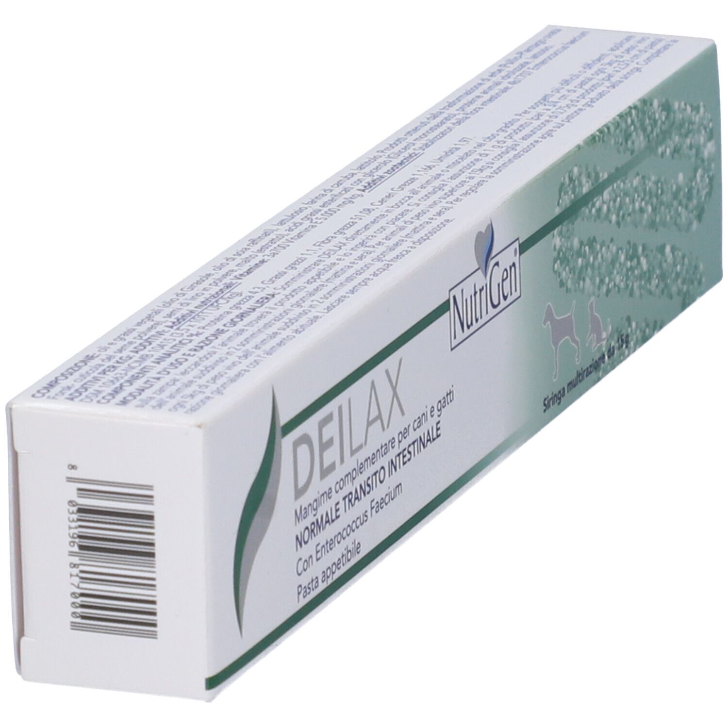 Vista obliqua di una confezione in cartone bianco. Nome del prodotto DEILAX e logo NutriGen. Codice a barre sul lato.