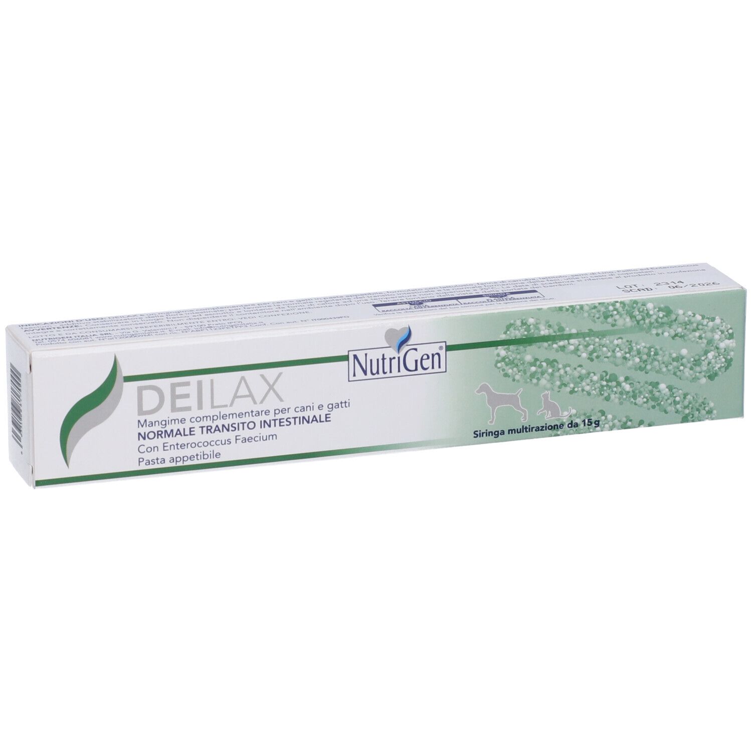 Scatola bianca con nome DEILAX e logo NutriGen. Testo: Mangime complementare per cani e gatti. Siringa multidosi da 15g.