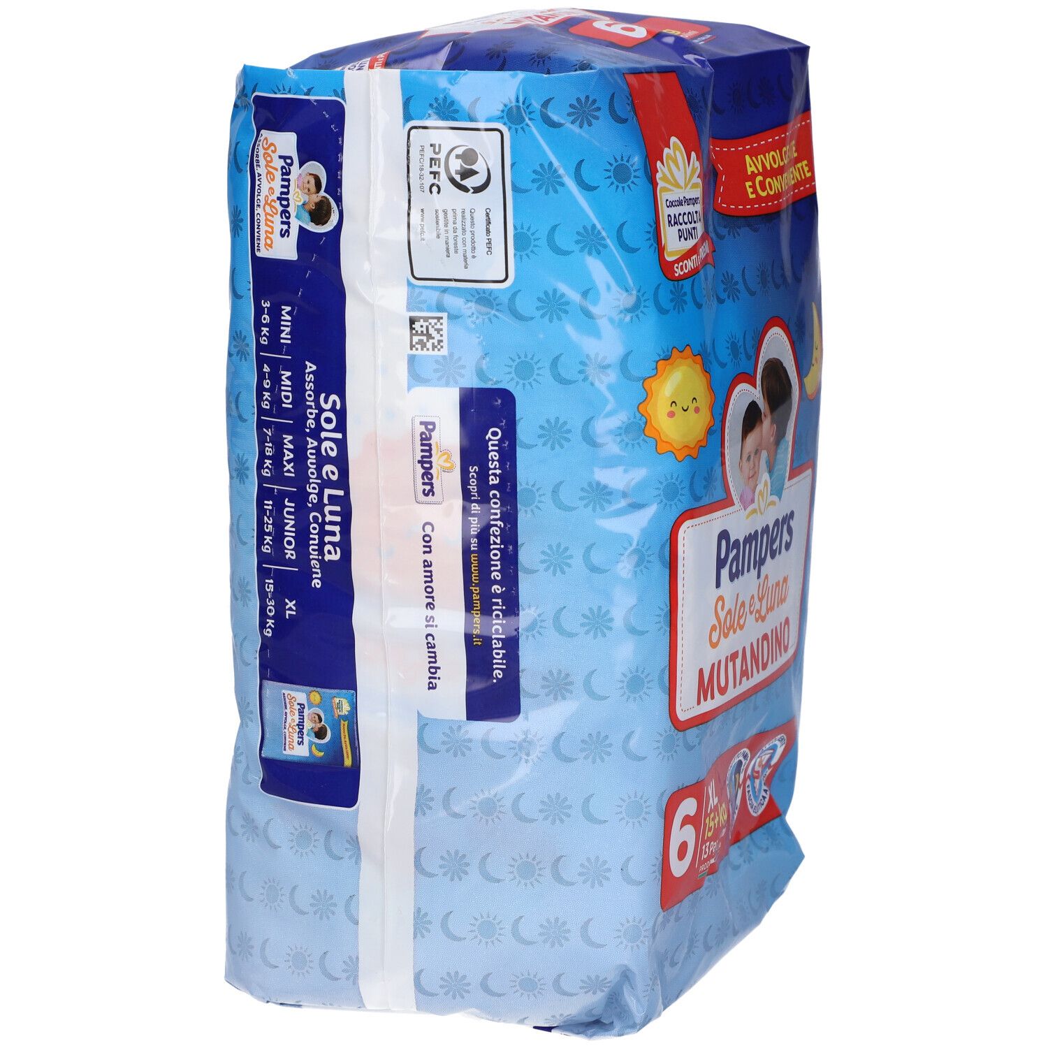 Confezione di pannolini Pampers Sole e Luna Mutandino. Tabella taglie sul lato. Confezione con motivi sole e luna. Taglia 6.