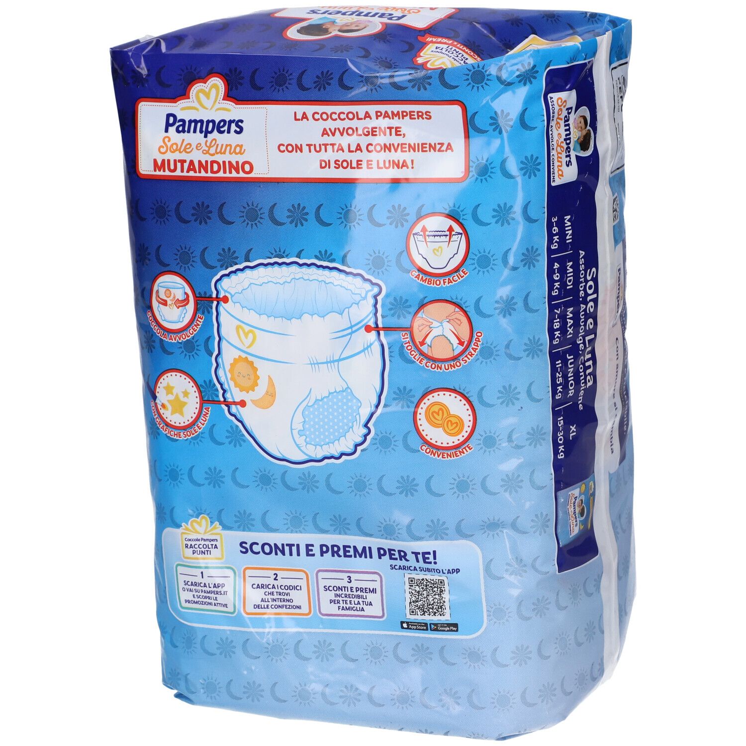 Retro della confezione di pannolini Pampers Sole e Luna Mutandino. Illustrazioni del pannolino. Motivi sole e luna. Taglia 6.