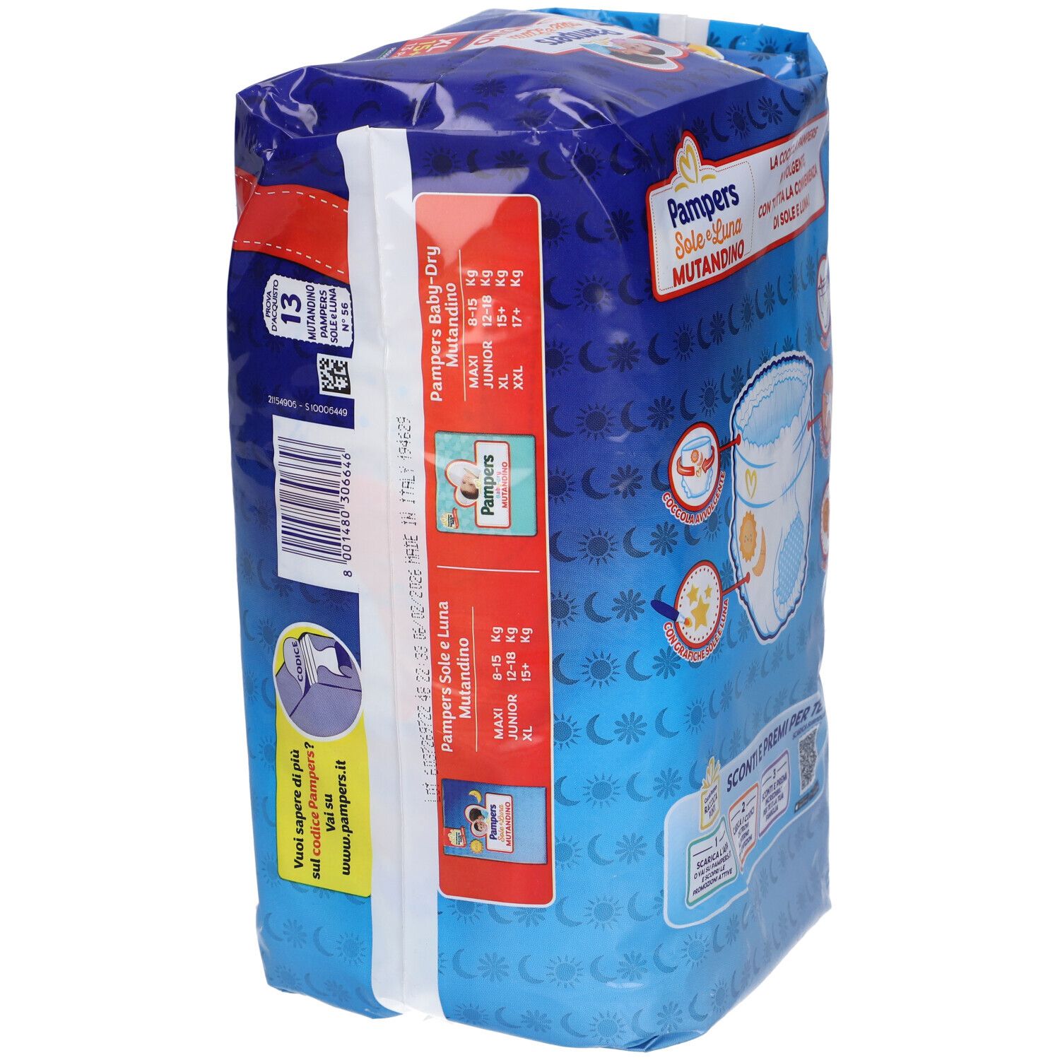 Lato della confezione di pannolini Pampers Sole e Luna Mutandino. Informazioni sulle taglie e illustrazioni. Motivi sole e luna. Taglia 6.