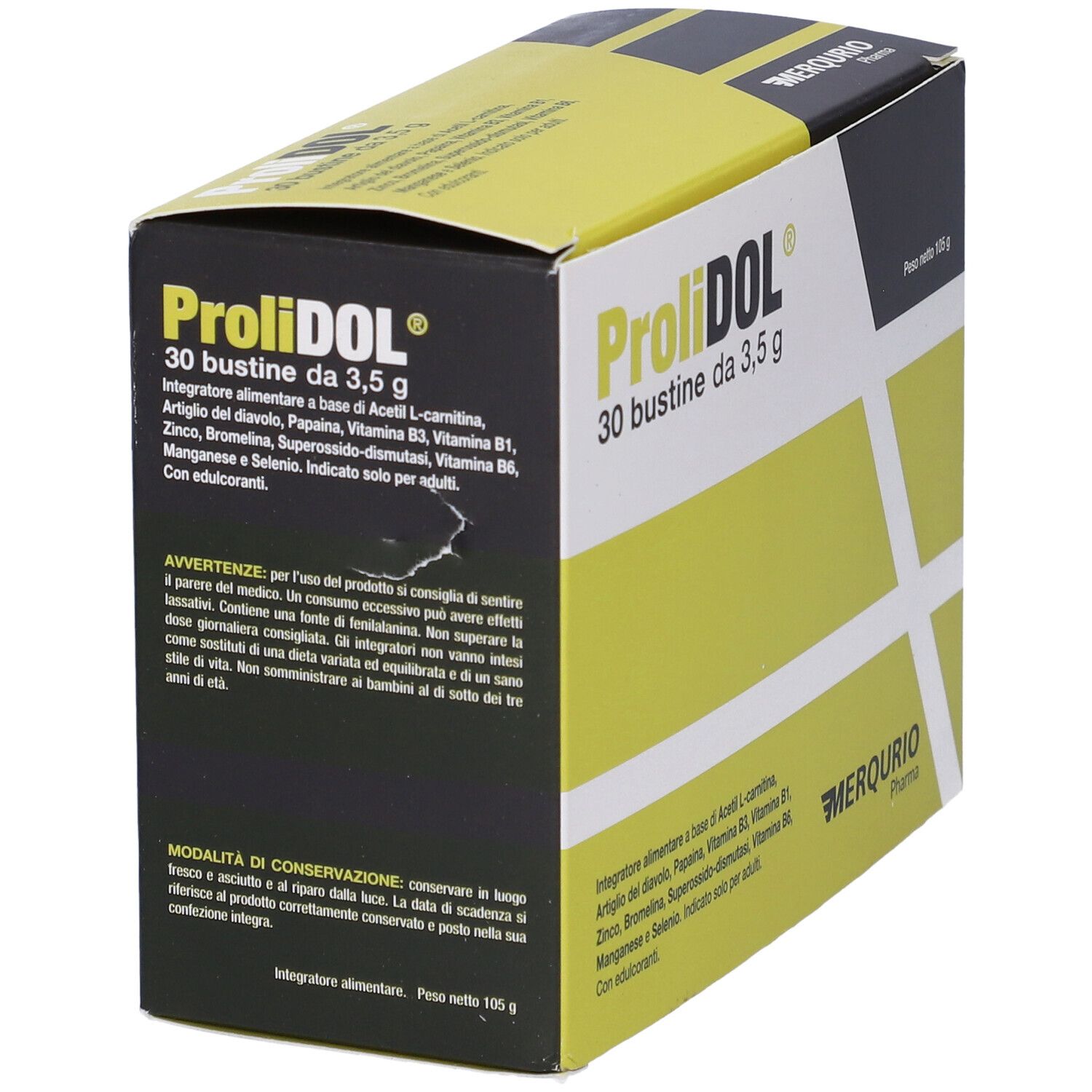 Scatola gialla "ProliDOL" con 30 bustine. Informazioni sugli ingredienti e avvertenze visibili.