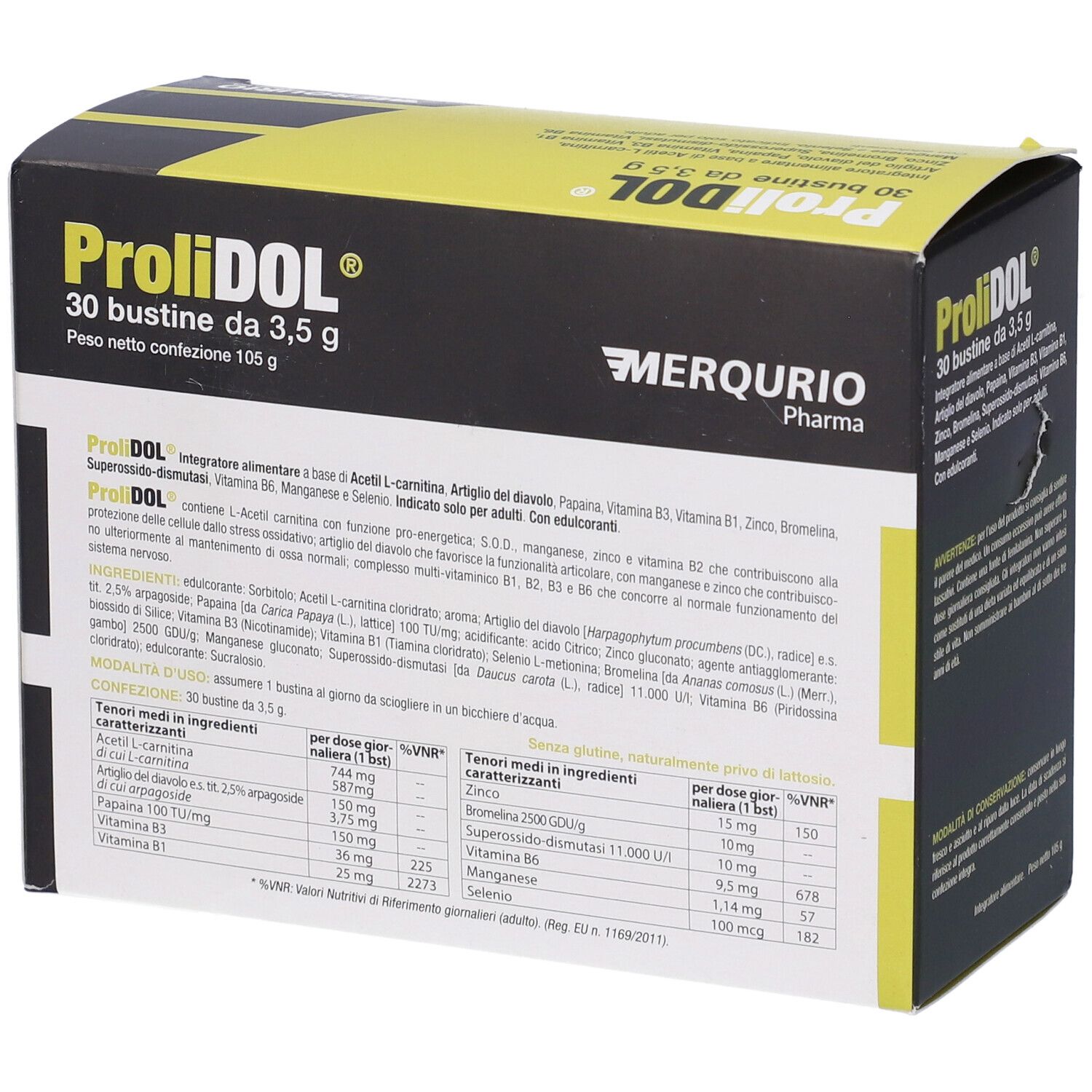 Scatola gialla "ProliDOL" con 30 bustine. Informazioni sugli ingredienti e nutrizionali visibili.