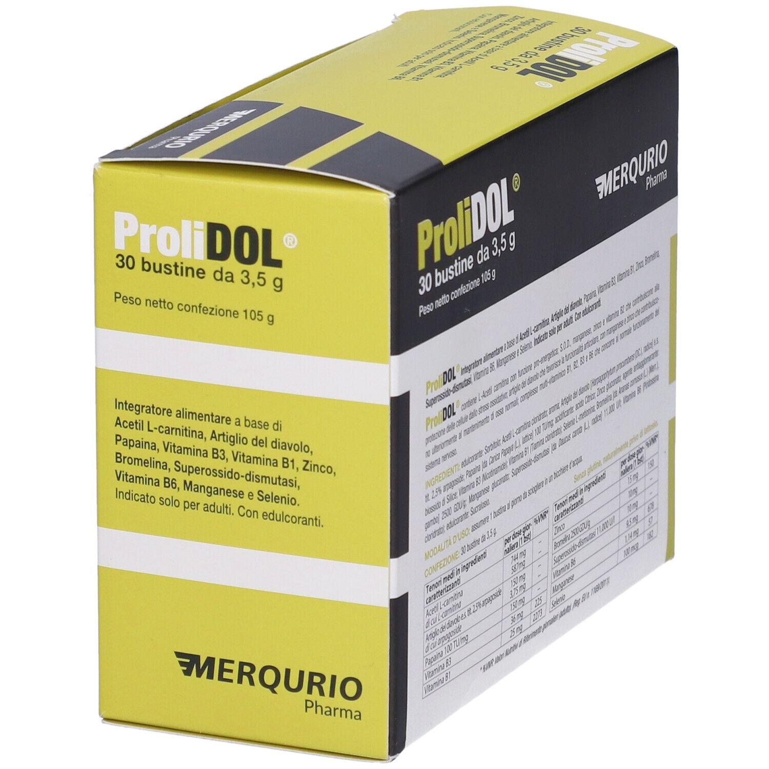 Scatola gialla "ProliDOL" con 30 bustine. Informazioni sugli ingredienti e nutrizionali visibili.