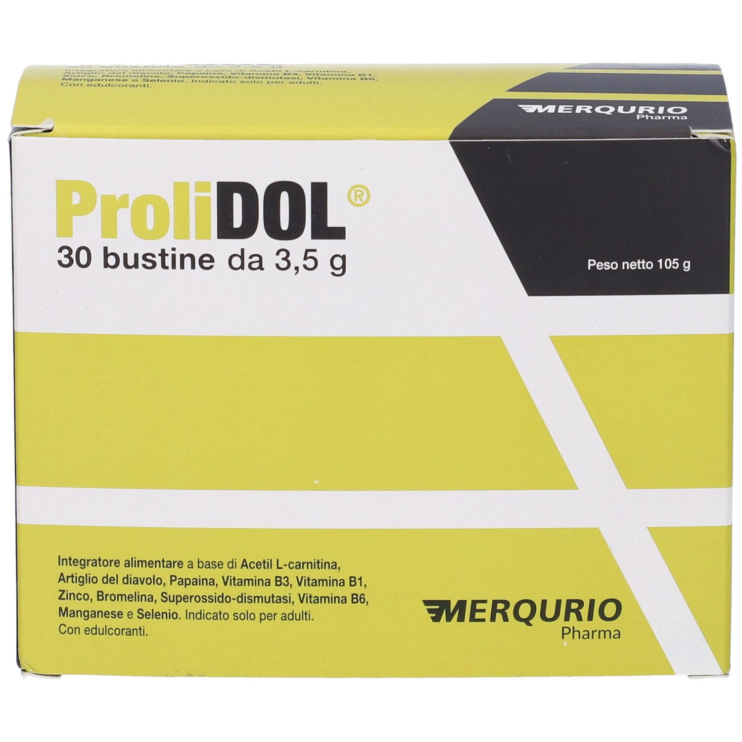 Scatola gialla "ProliDOL" con 30 bustine. Produttore Merqurio Pharma visibile.