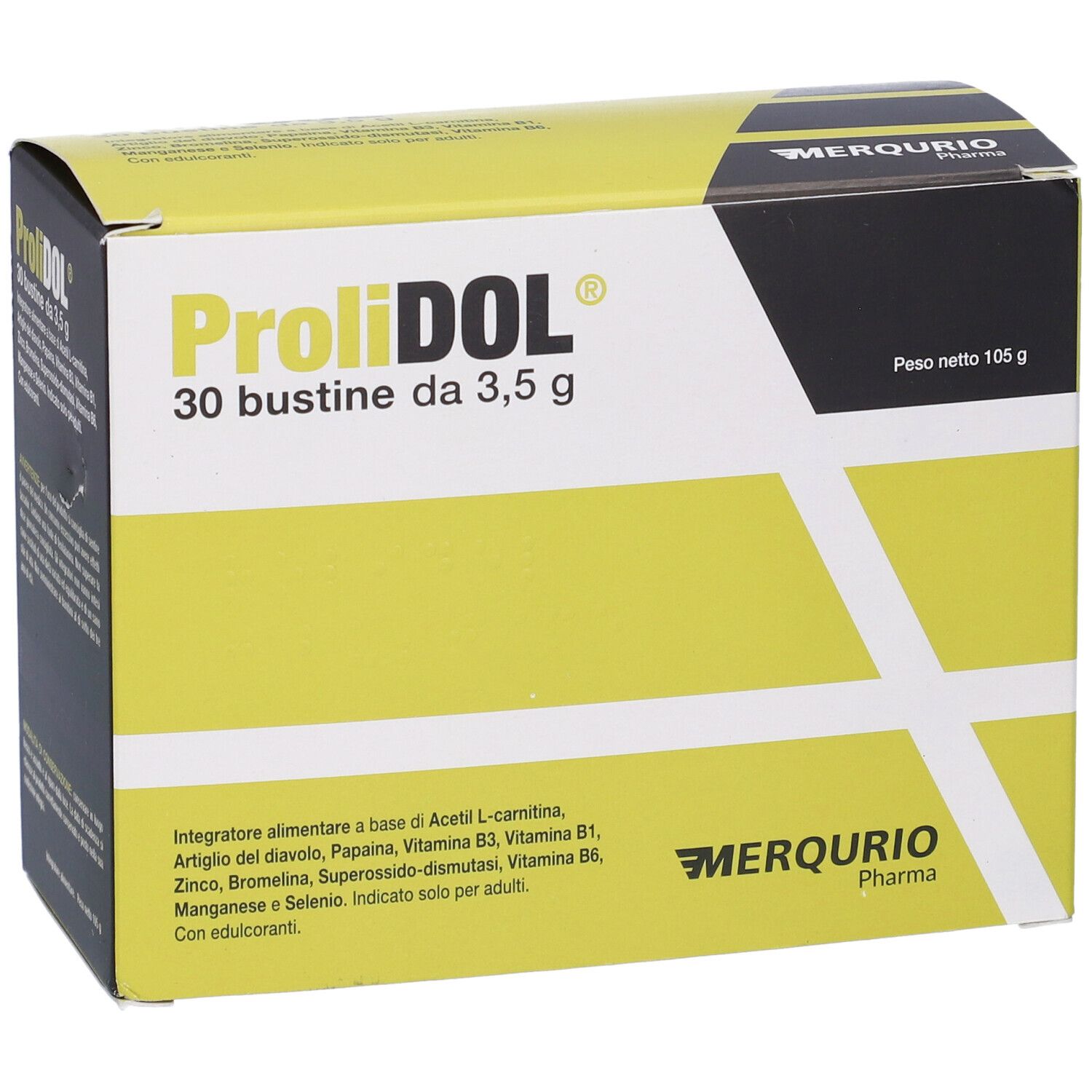 Scatola gialla "ProliDOL" con 30 bustine. Produttore Merqurio Pharma visibile.
