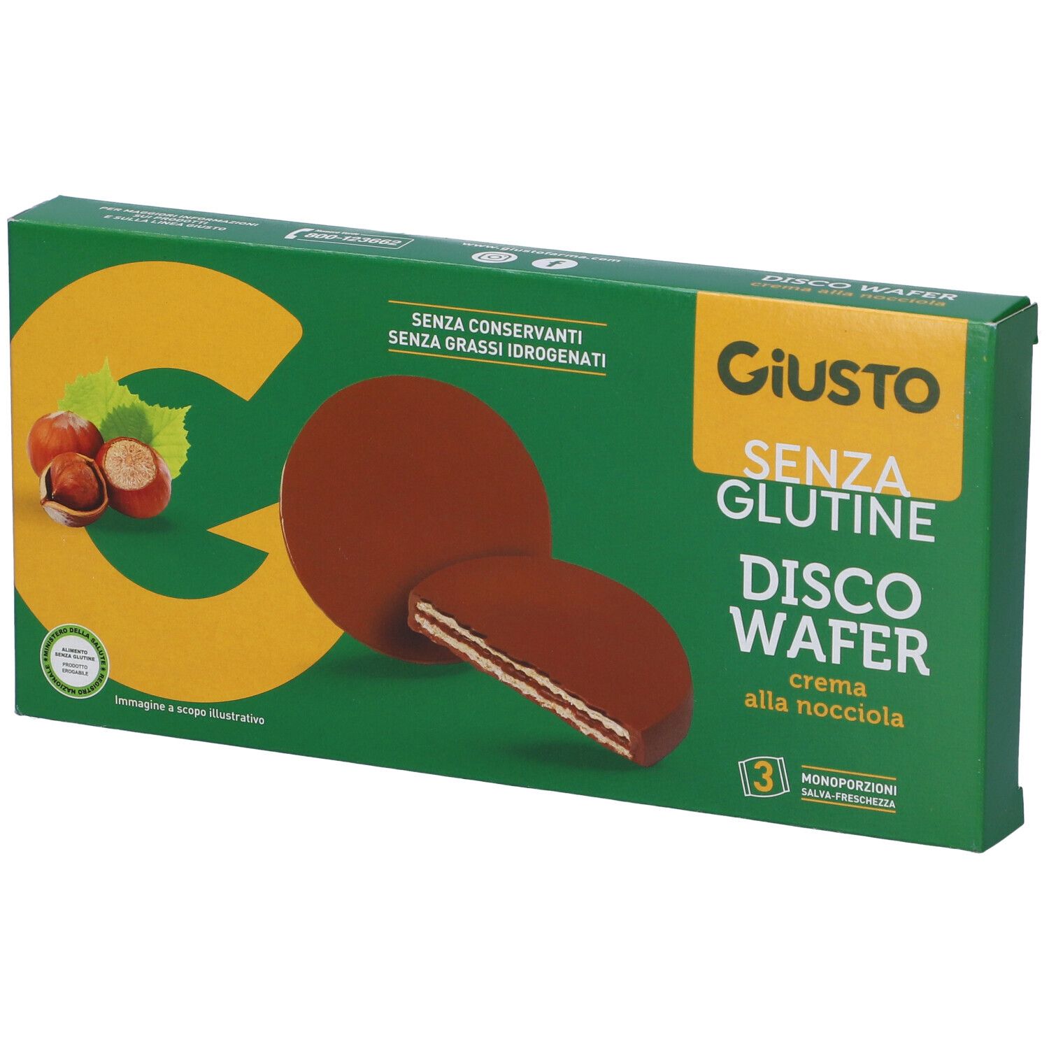 Scatola verde Giusto Senza Glutine Disco Wafer. Mostra wafer alla crema di nocciole. Scritte: Senza glutine, senza conservanti.