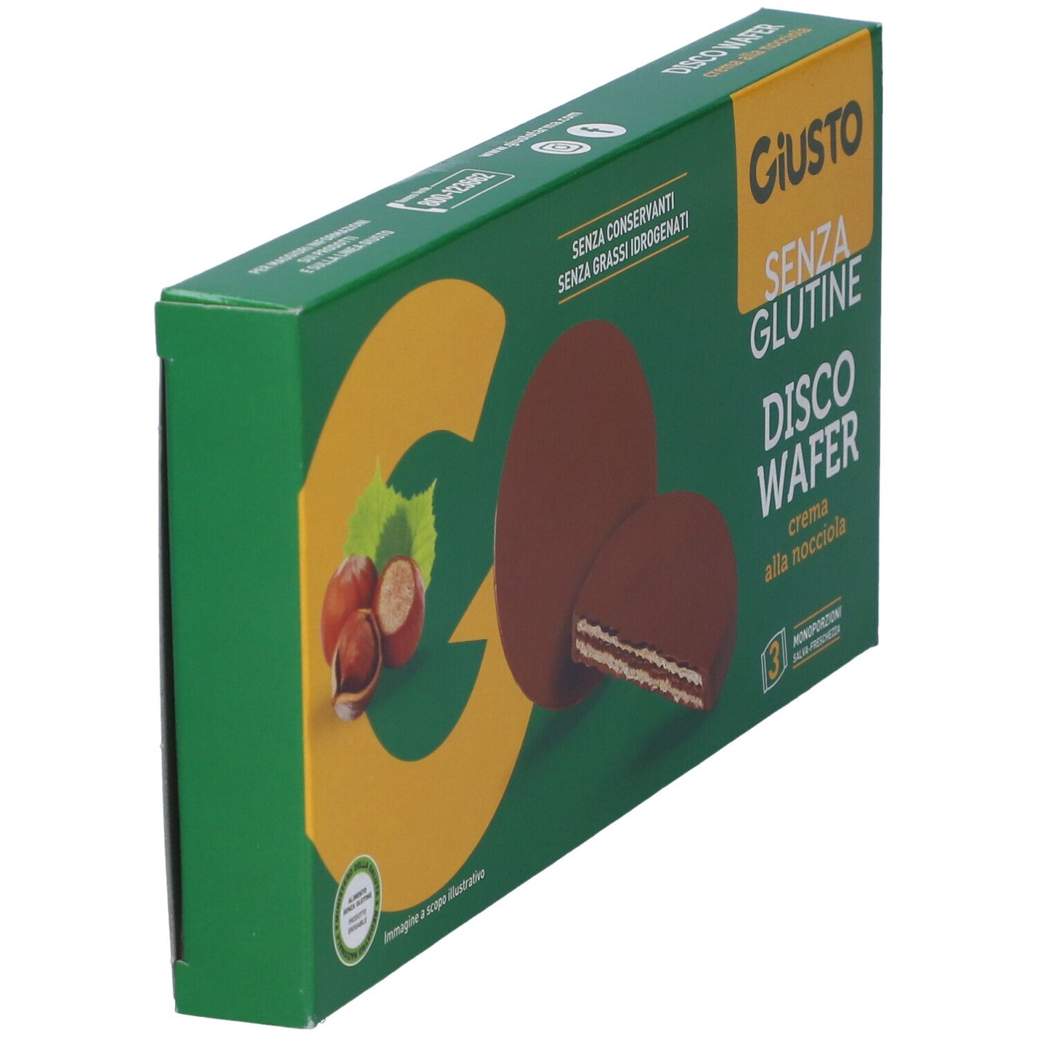 Scatola verde Giusto Senza Glutine Disco Wafer. Mostra wafer alla crema di nocciole. Scritte: Senza glutine, senza conservanti.