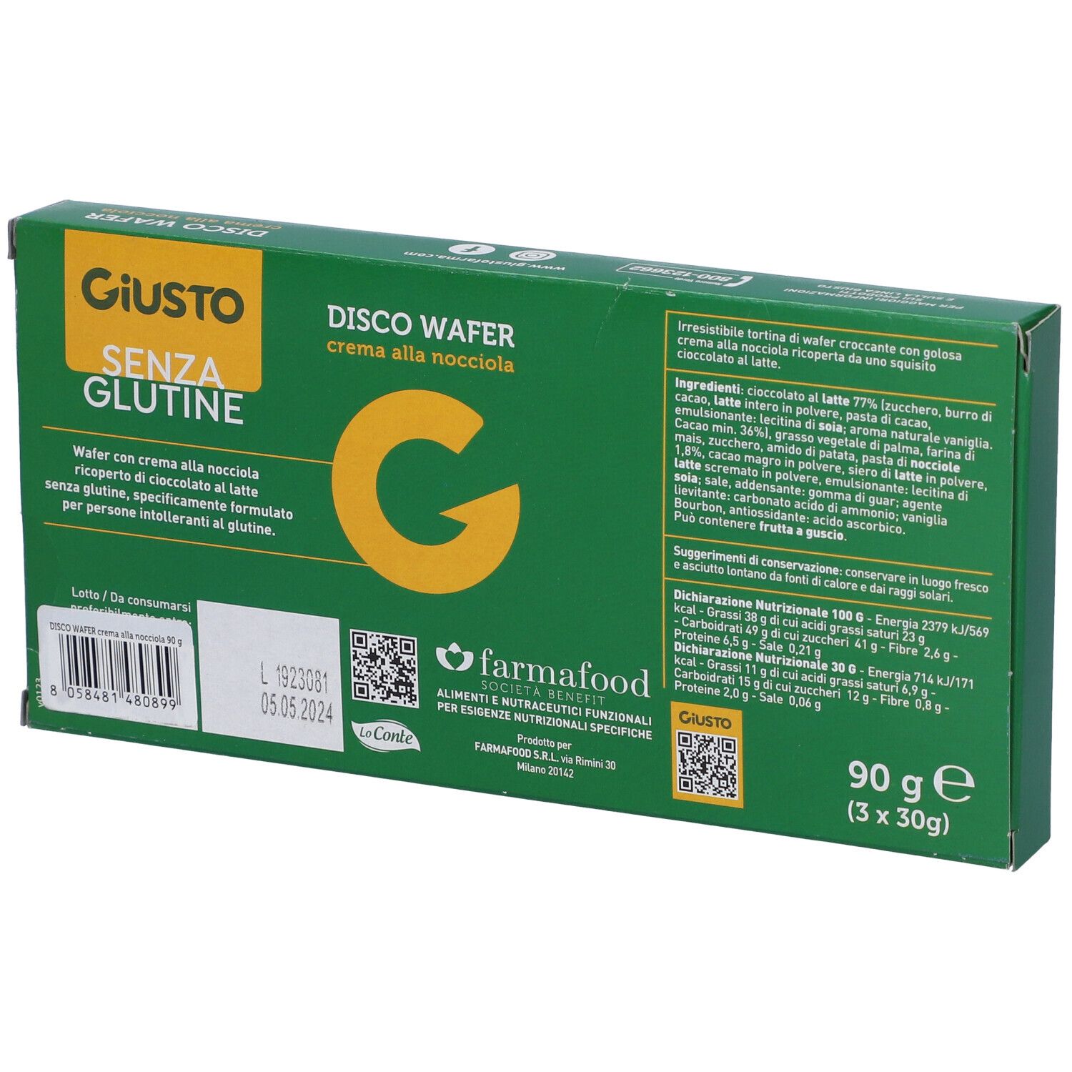 Scatola verde Giusto Senza Glutine Disco Wafer. Retro con elenco ingredienti e valori nutrizionali. Scritte: Senza glutine, 90g, 3x30g.