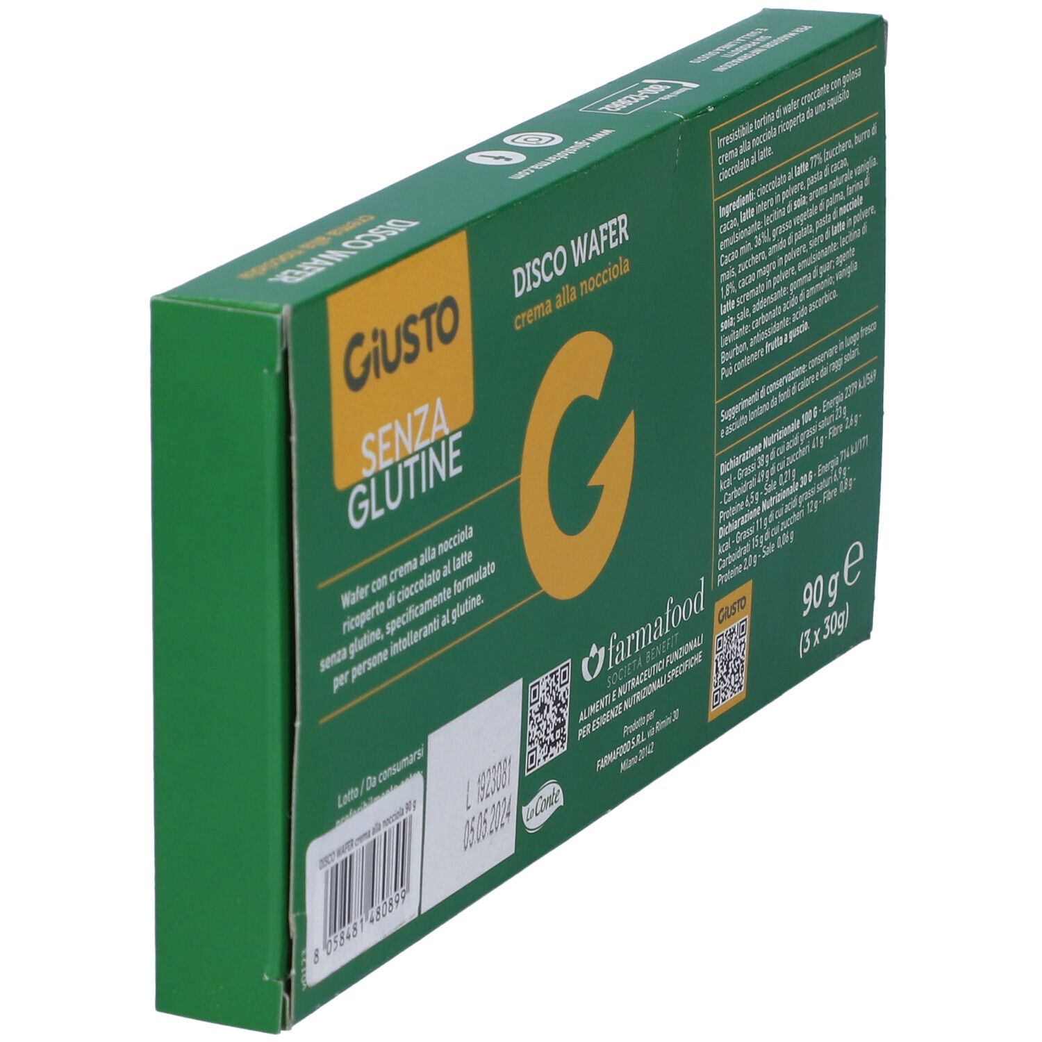 Scatola verde Giusto Senza Glutine Disco Wafer. Retro con elenco ingredienti e valori nutrizionali. Scritte: Senza glutine, 90g, 3x30g.