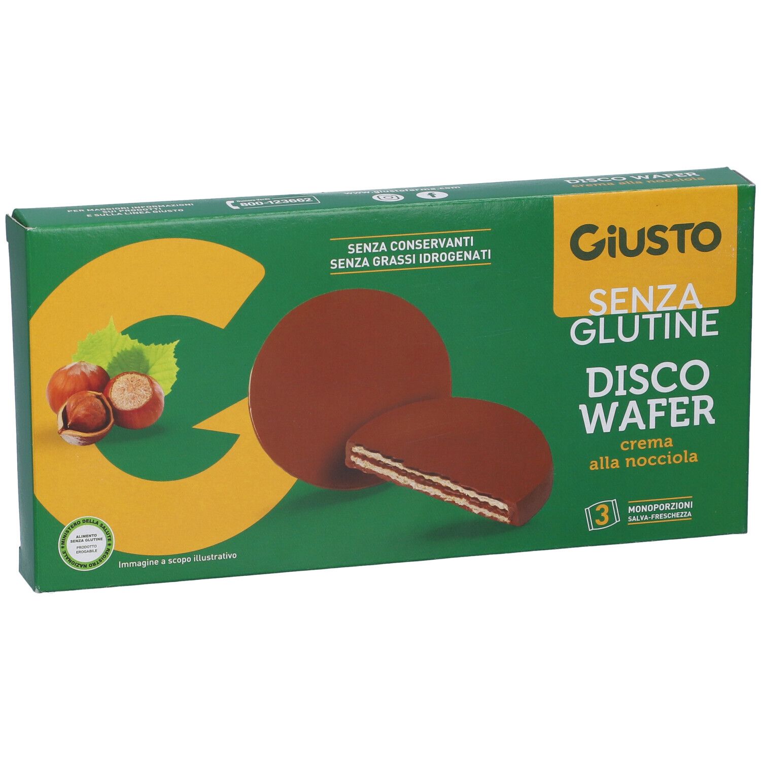 Scatola verde Giusto Senza Glutine Disco Wafer. Mostra wafer alla crema di nocciole. Scritte: Senza glutine, senza conservanti.