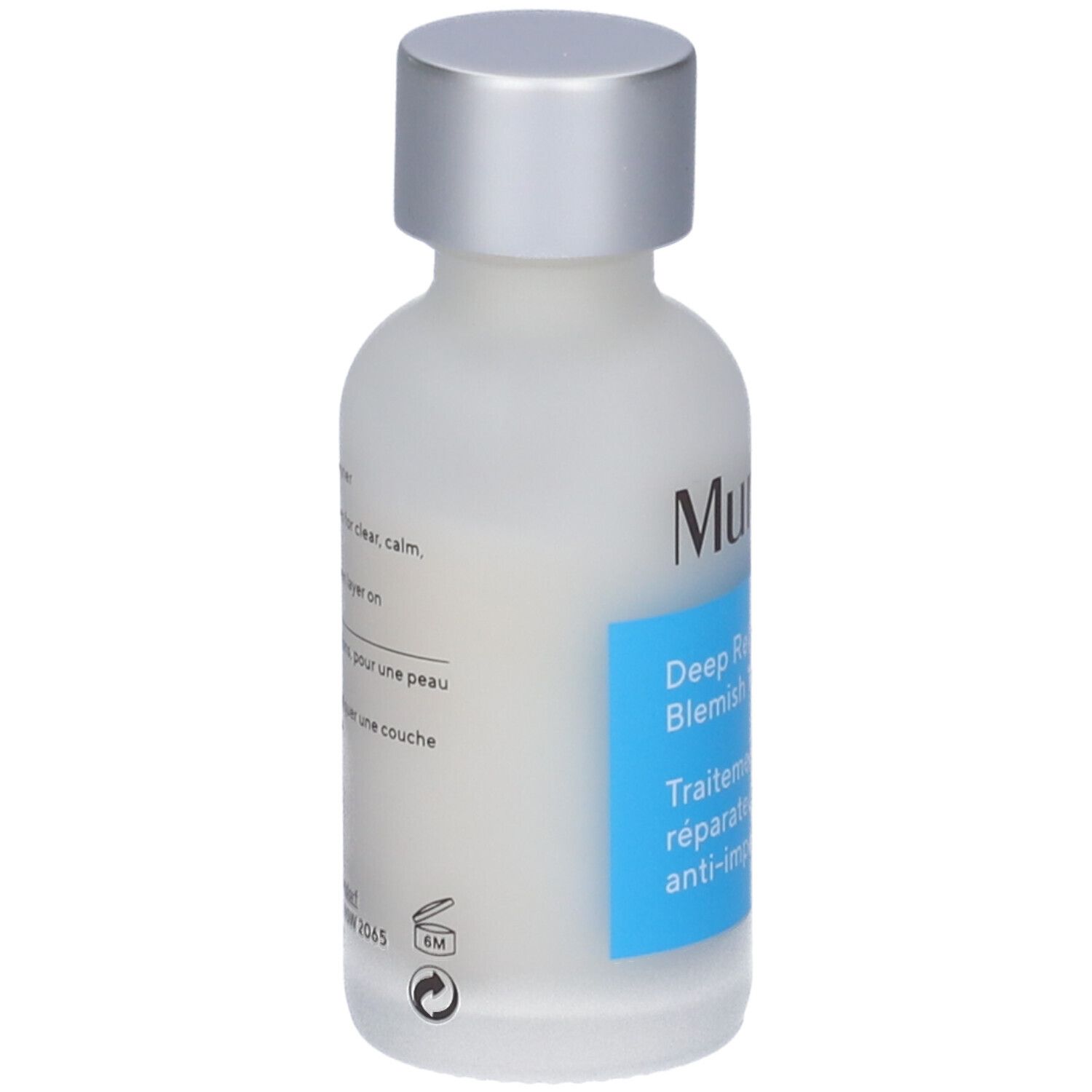 Murad Deep Relief Blemish Treatment. Flacone bianco con tappo argento. Retro con testo.