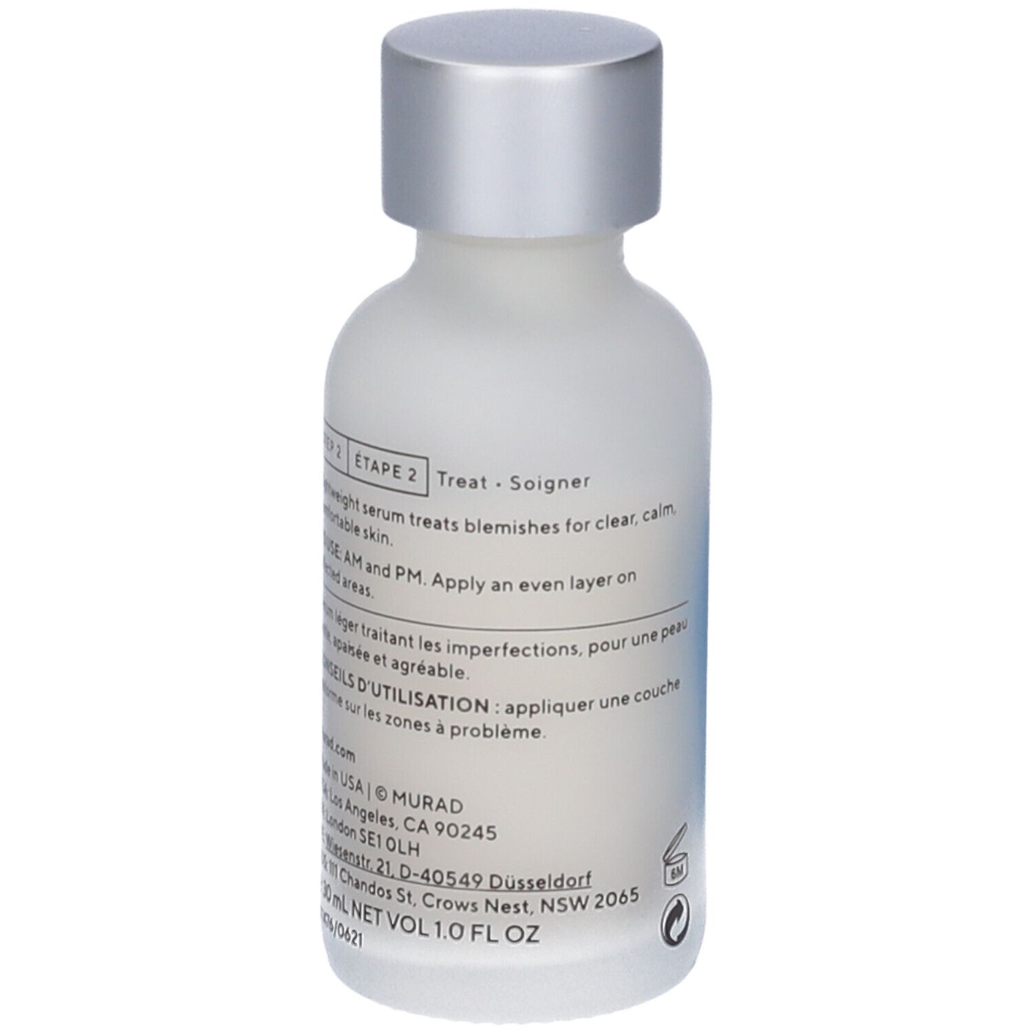 Murad Deep Relief Blemish Treatment. Flacone bianco con tappo argento. Retro con testo.