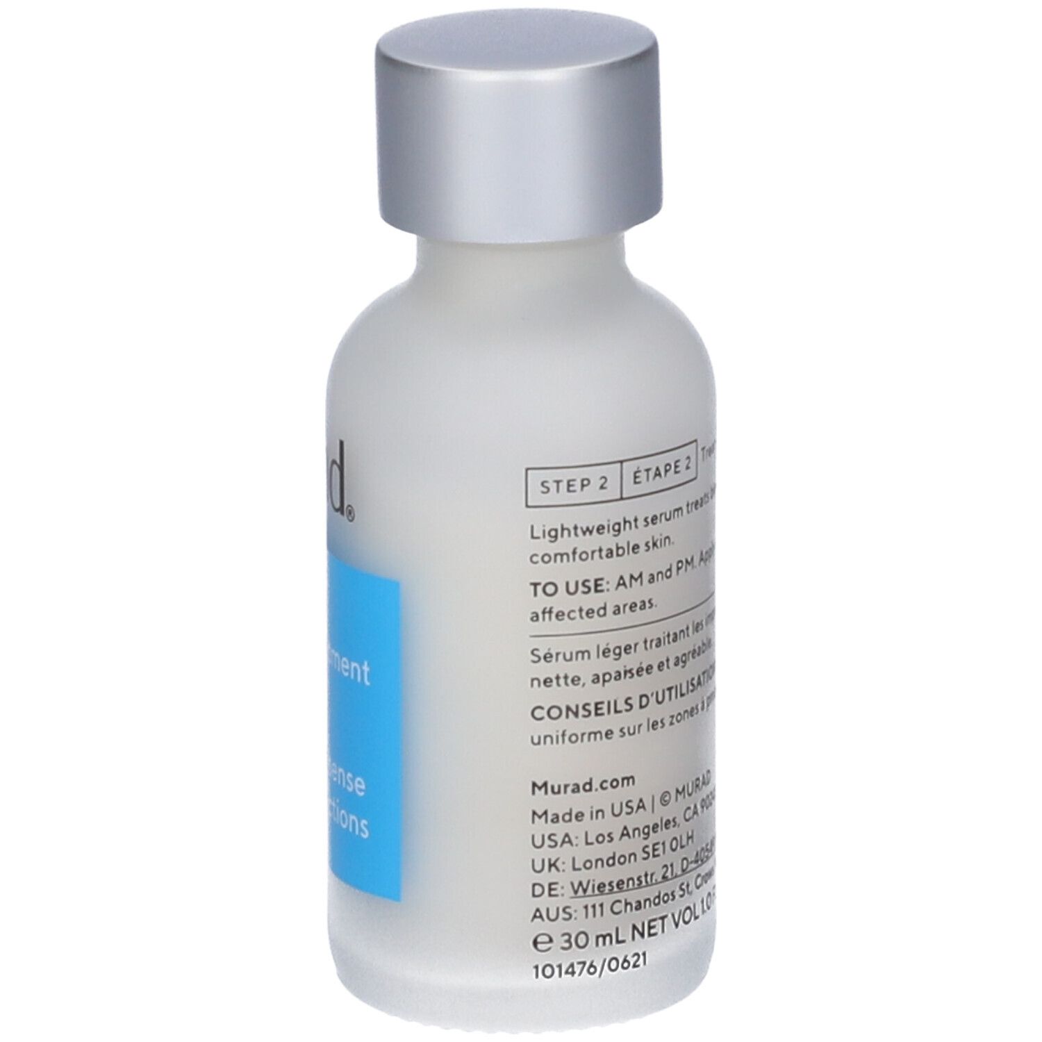 Murad Deep Relief Blemish Treatment. Flacone bianco con tappo argento. Retro con testo.