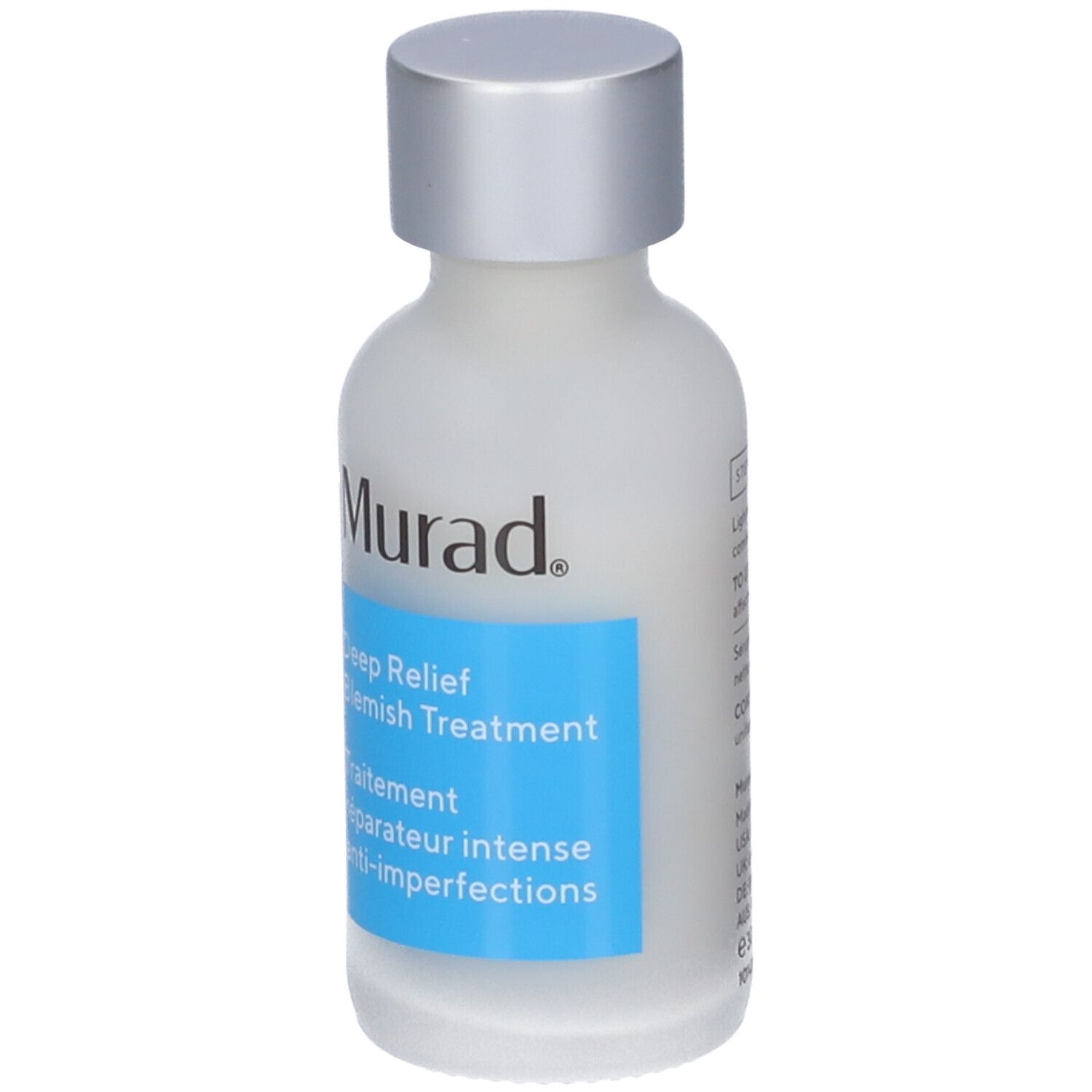 Murad Deep Relief Blemish Treatment. Flacone bianco con tappo argento. Etichetta blu con informazioni.