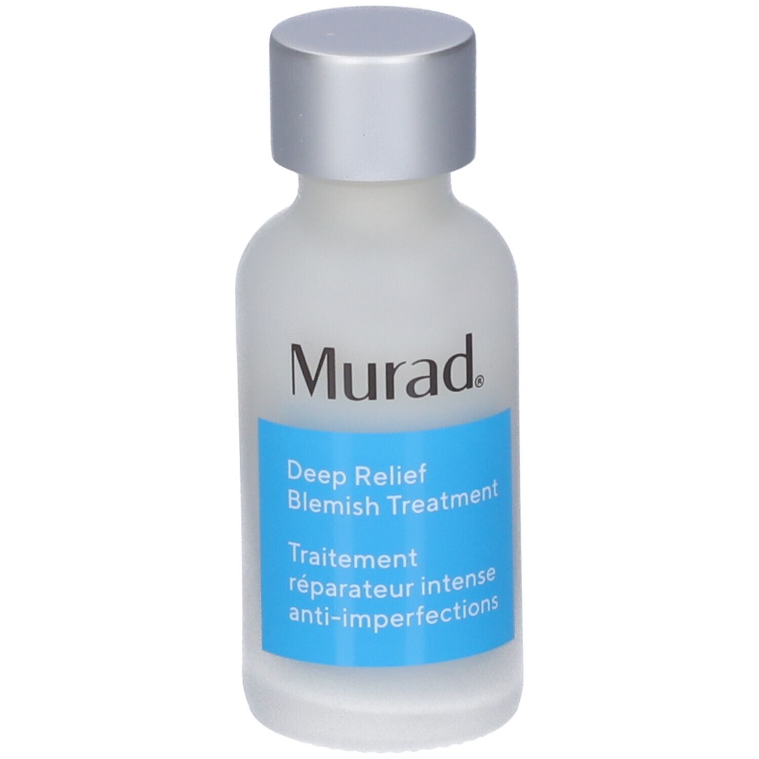 Murad Deep Relief Blemish Treatment. Flacone bianco con tappo argento. Etichetta blu con informazioni.