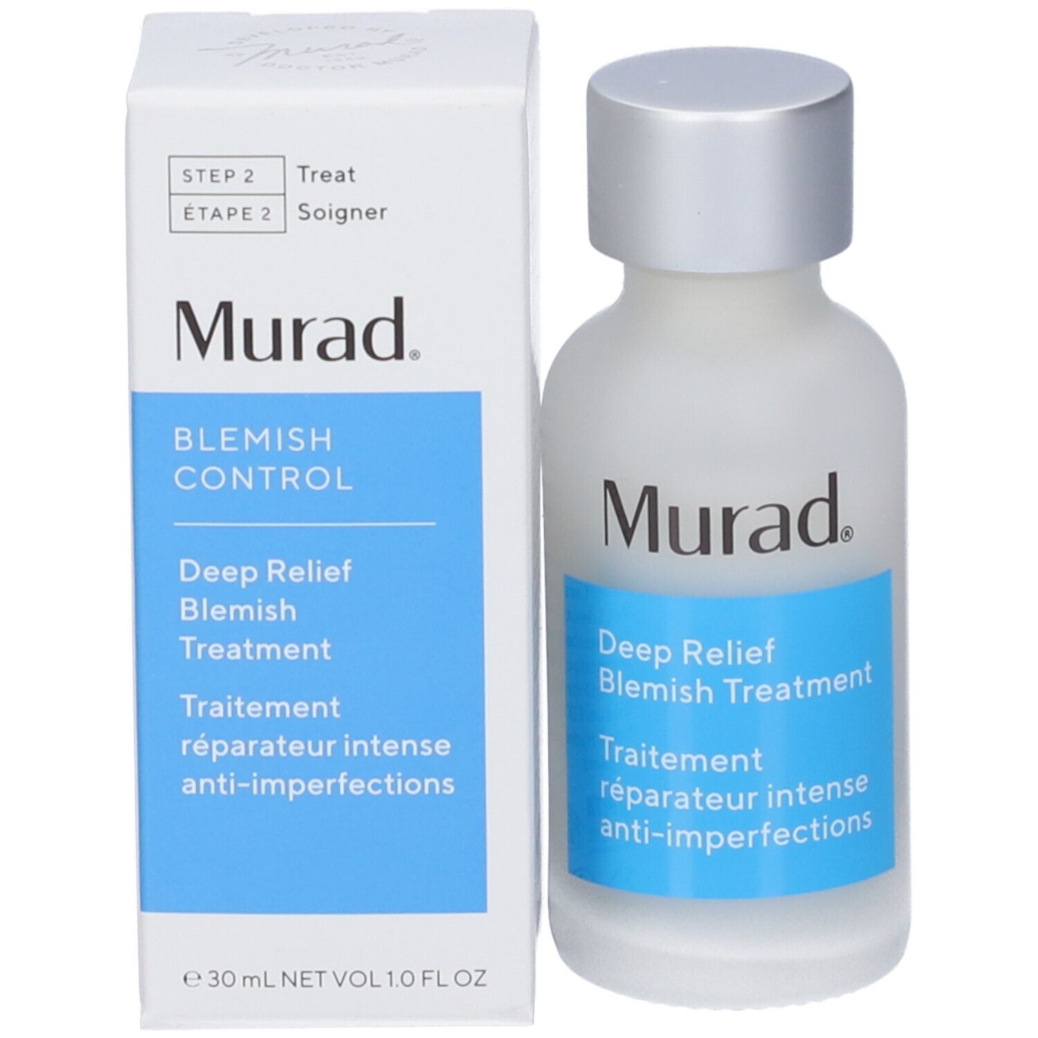 Murad Deep Relief Blemish Treatment. Flacone e confezione. Etichetta blu con informazioni.