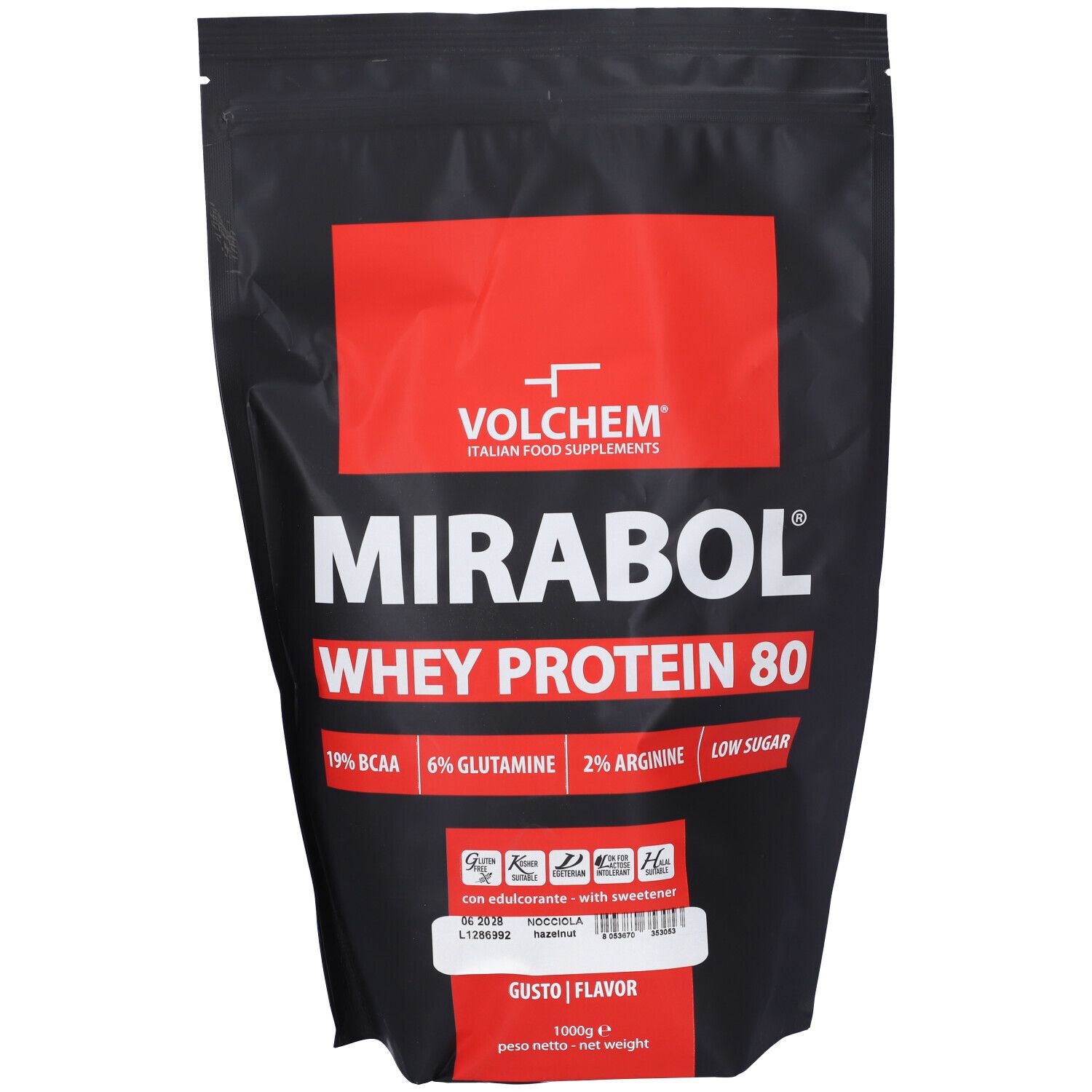 Busta nera con etichetta rossa. Contiene Mirabol Whey Protein 80. Testo: 19% BCAA, 6% Glutammina, 2% Arginina, Low Sugar. Gusto: Nocciola.