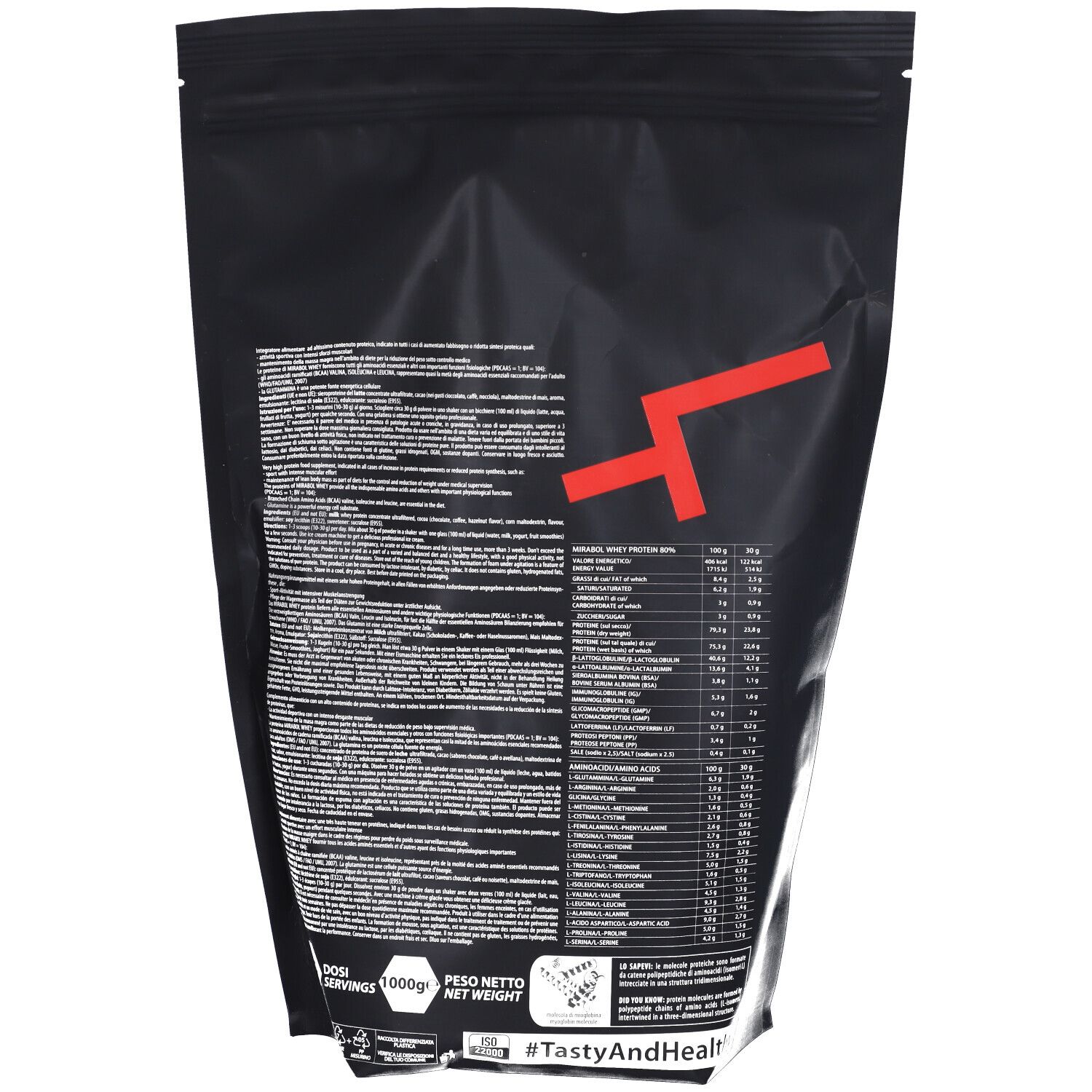 Retro della busta nera. Contiene testo e informazioni nutrizionali. Logo: #TastyAndHealthy. Peso: 1000g.