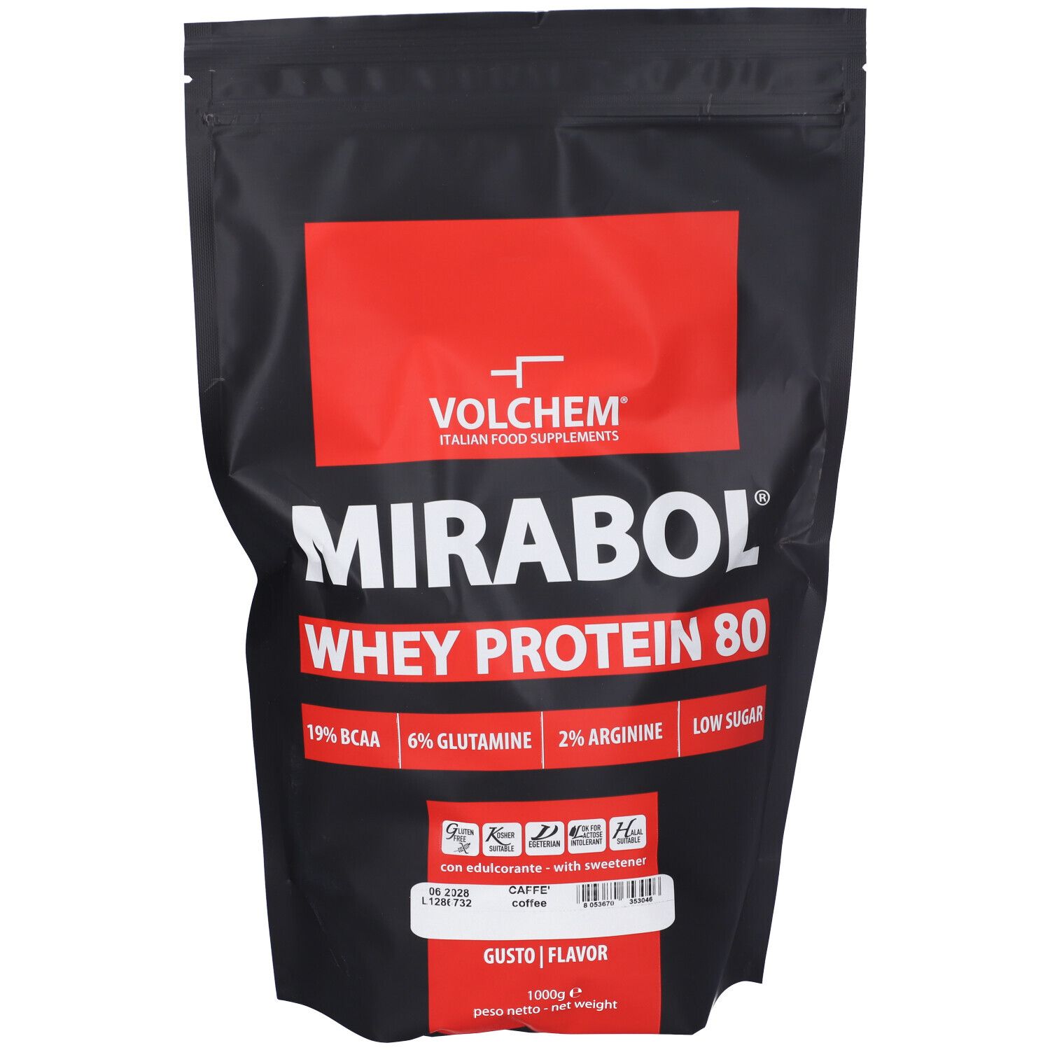 Confezione nera con etichetta rossa. Contiene Mirabol Whey Protein 80. Testo: 19% BCAA, 6% Glutamina, 2% Arginina, Low Sugar. Gusto: Caffè.