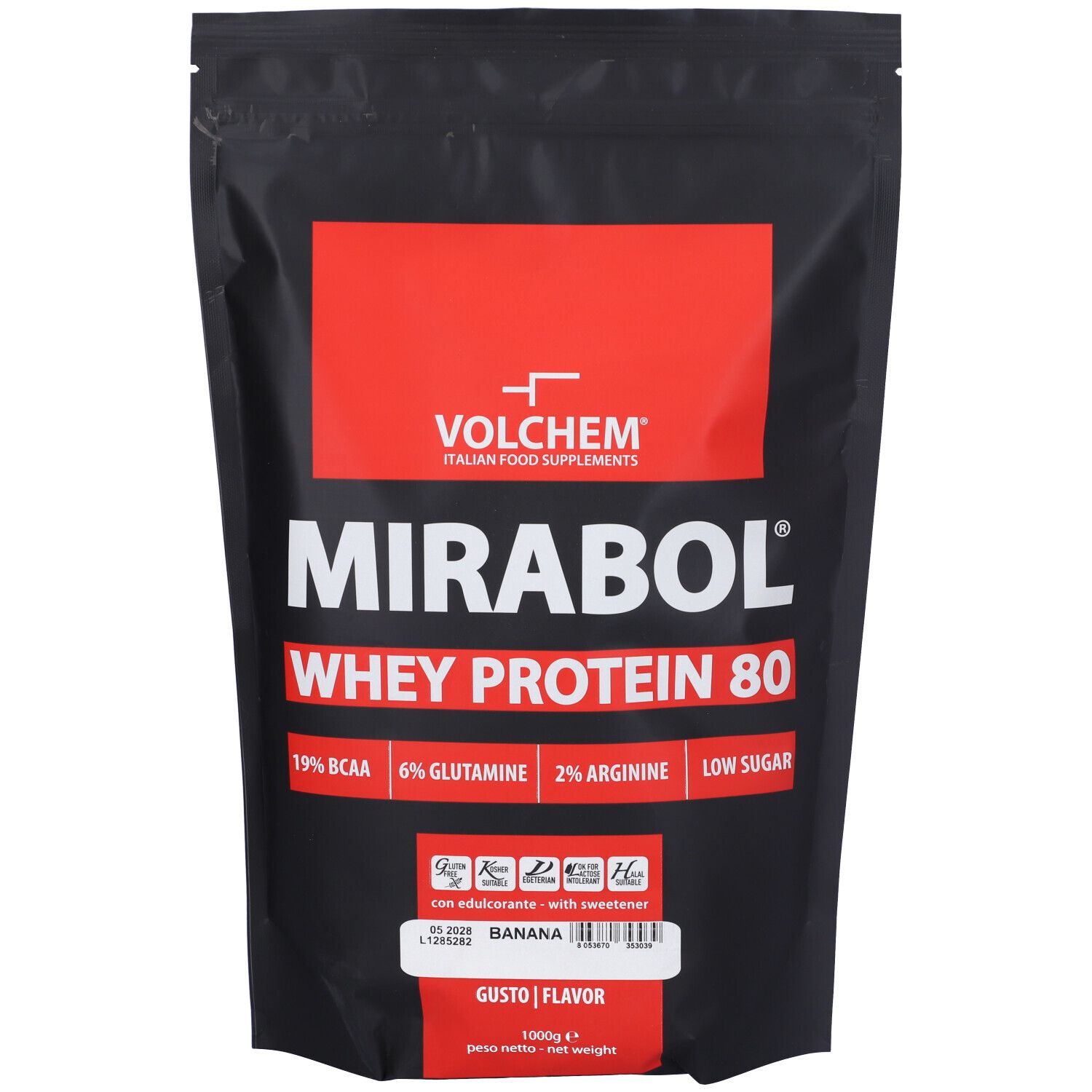 Busta nera con rettangolo rosso. Scritta: VOLCHEM, MIRABOL WHEY PROTEIN 80. Contiene: BCAA, glutammina, arginina, a basso contenuto di zuccheri. Gusto banana.