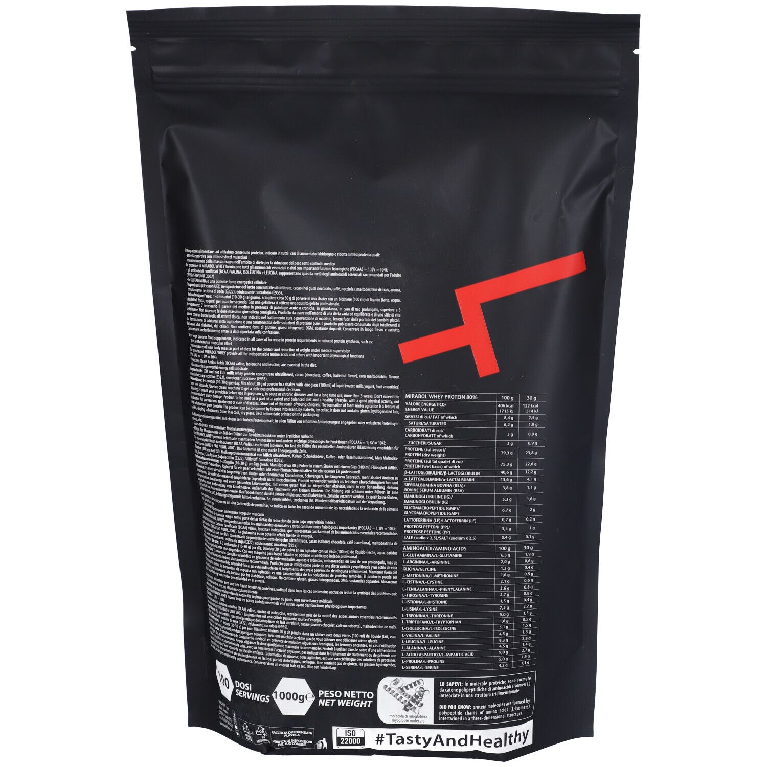Retro di una busta nera. Logo rosso. Testo con informazioni nutrizionali e ingredienti. Scritta: TastyAndHealthy.