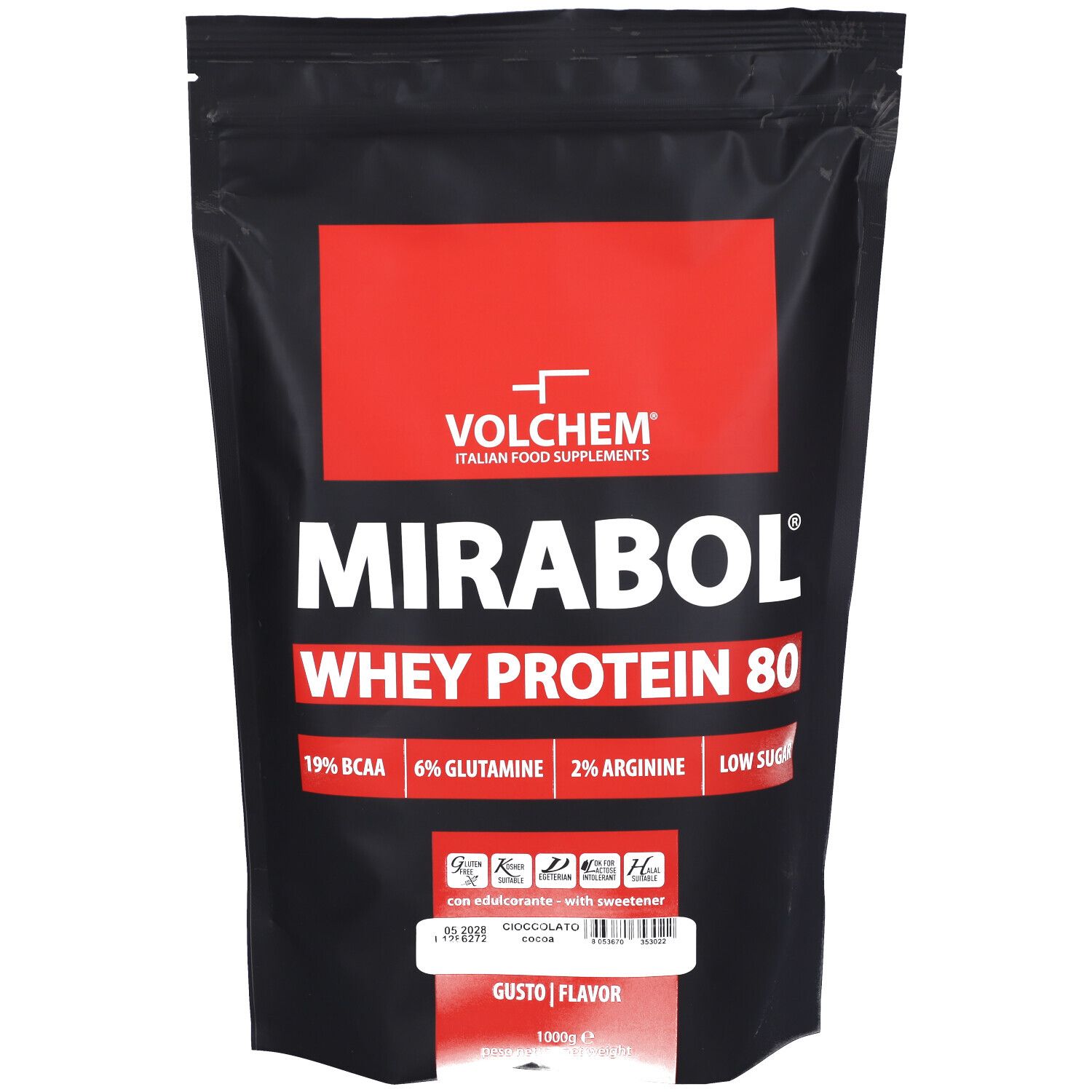 Busta nera con etichetta rossa. Scritto: Mirabol Whey Protein 80. Gusto cioccolato. Contiene BCAA, glutammina, arginina.