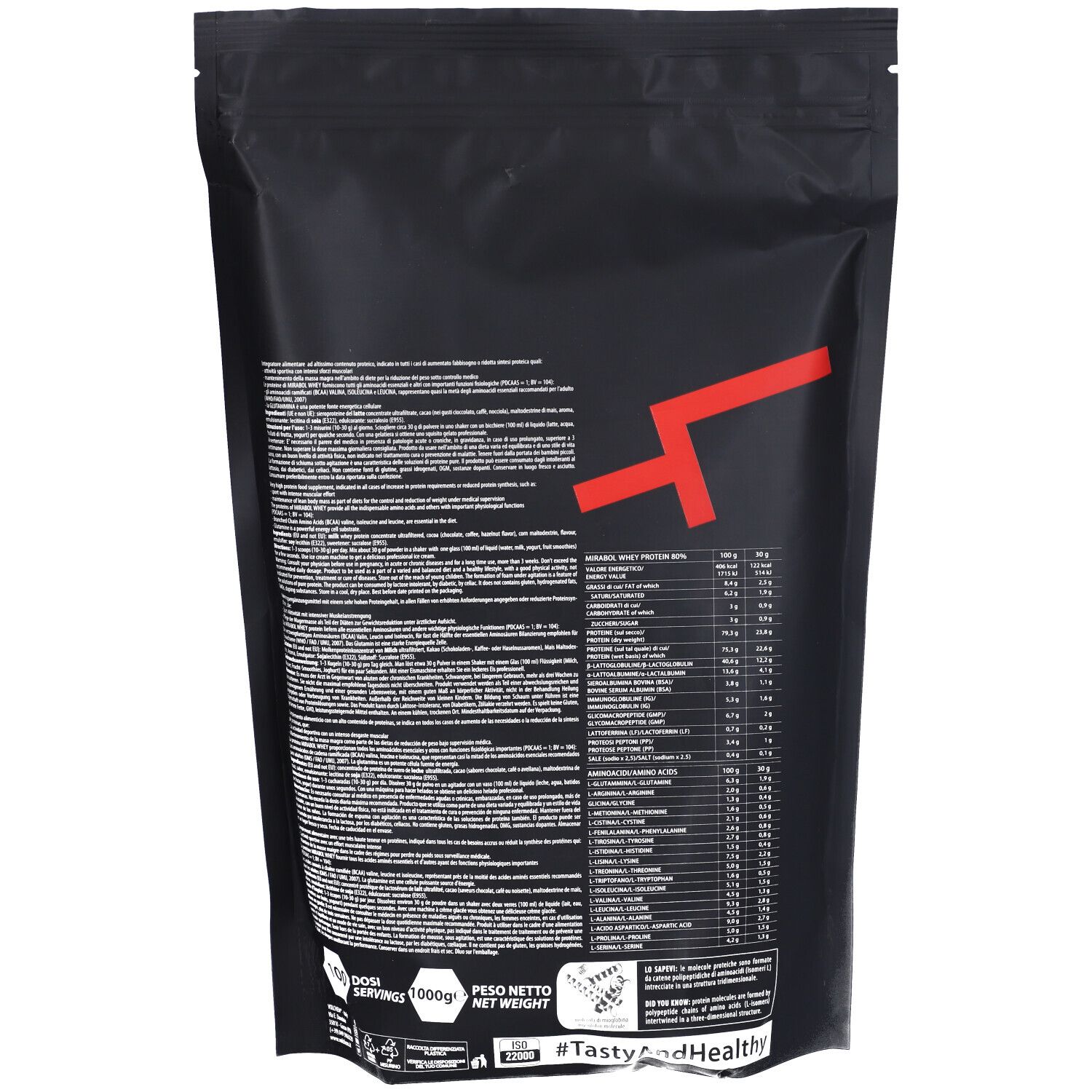 Retro della busta nera. Testo con informazioni nutrizionali e ingredienti. Logo rosso. Peso: 1000g.