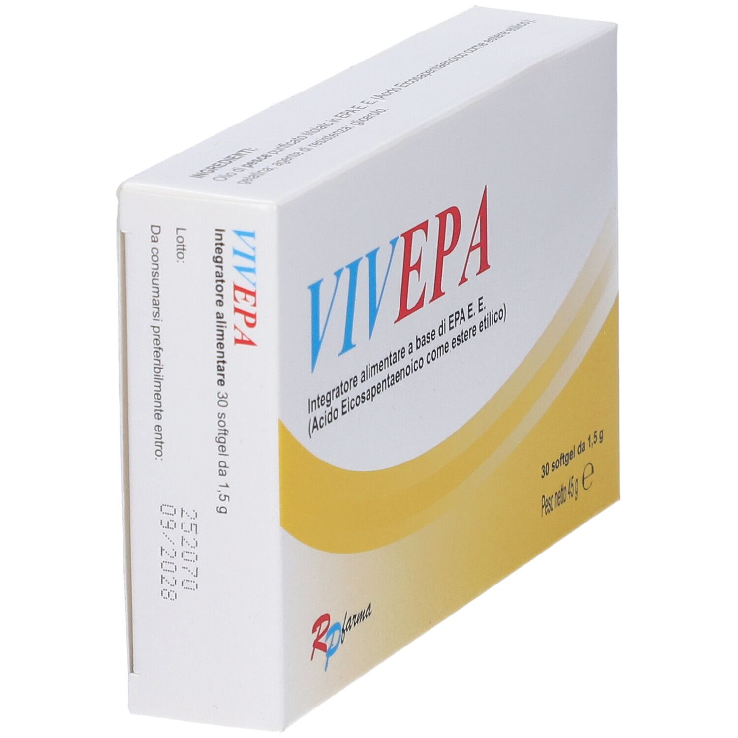 Confezione Vivepa, angolata. Scatola bianca con testo blu e rosso. Contiene 30 softgel. Logo Rp farma.