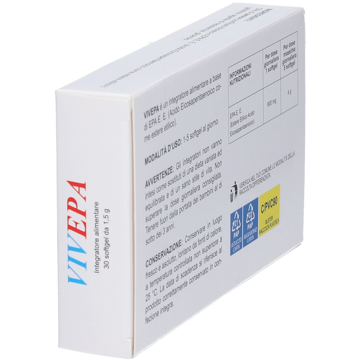 Confezione Vivepa, angolata. Retro con informazioni e simboli di riciclaggio. Scatola bianca.