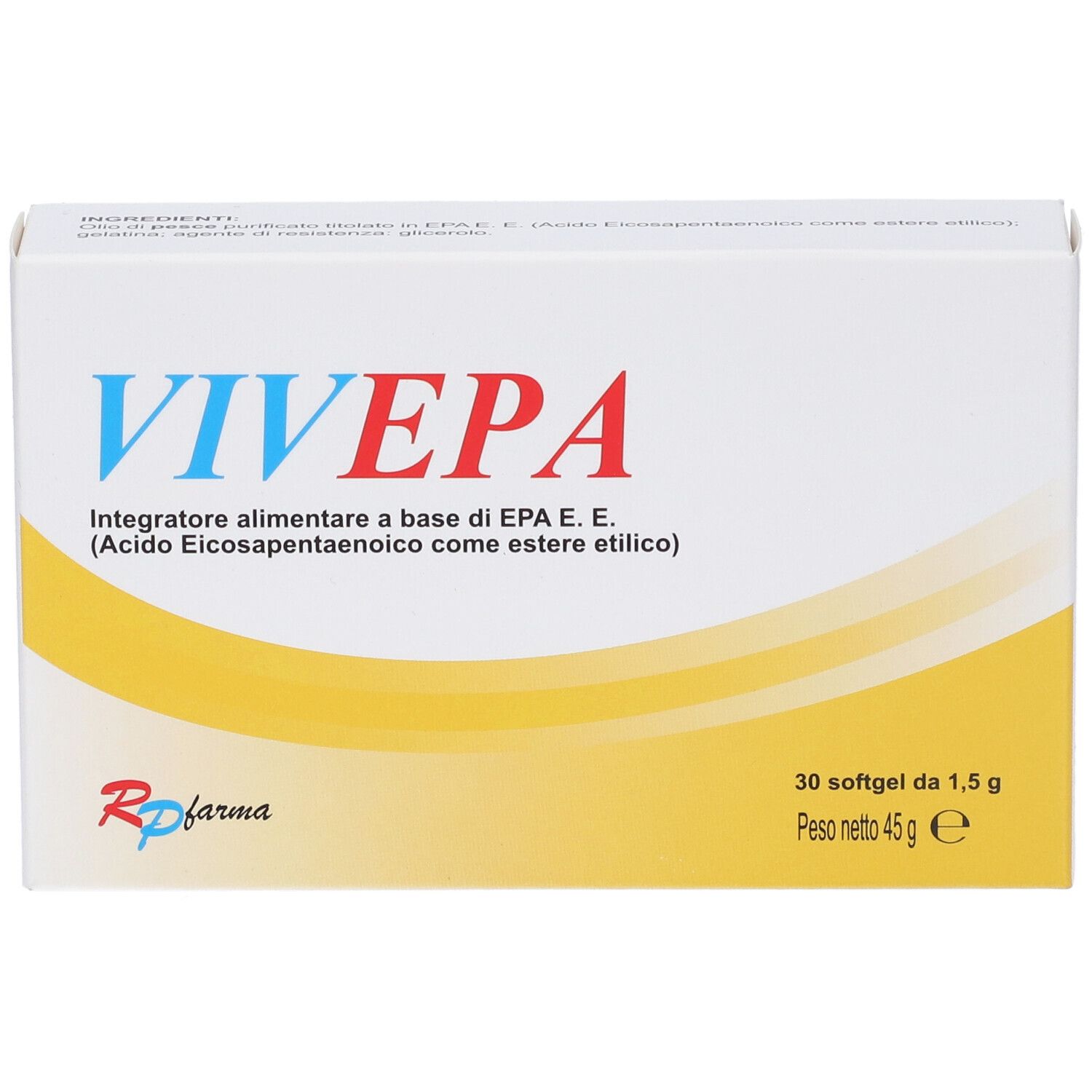 Confezione Vivepa. Scatola bianca con testo blu e rosso. Contiene 30 softgel. Logo Rp farma.