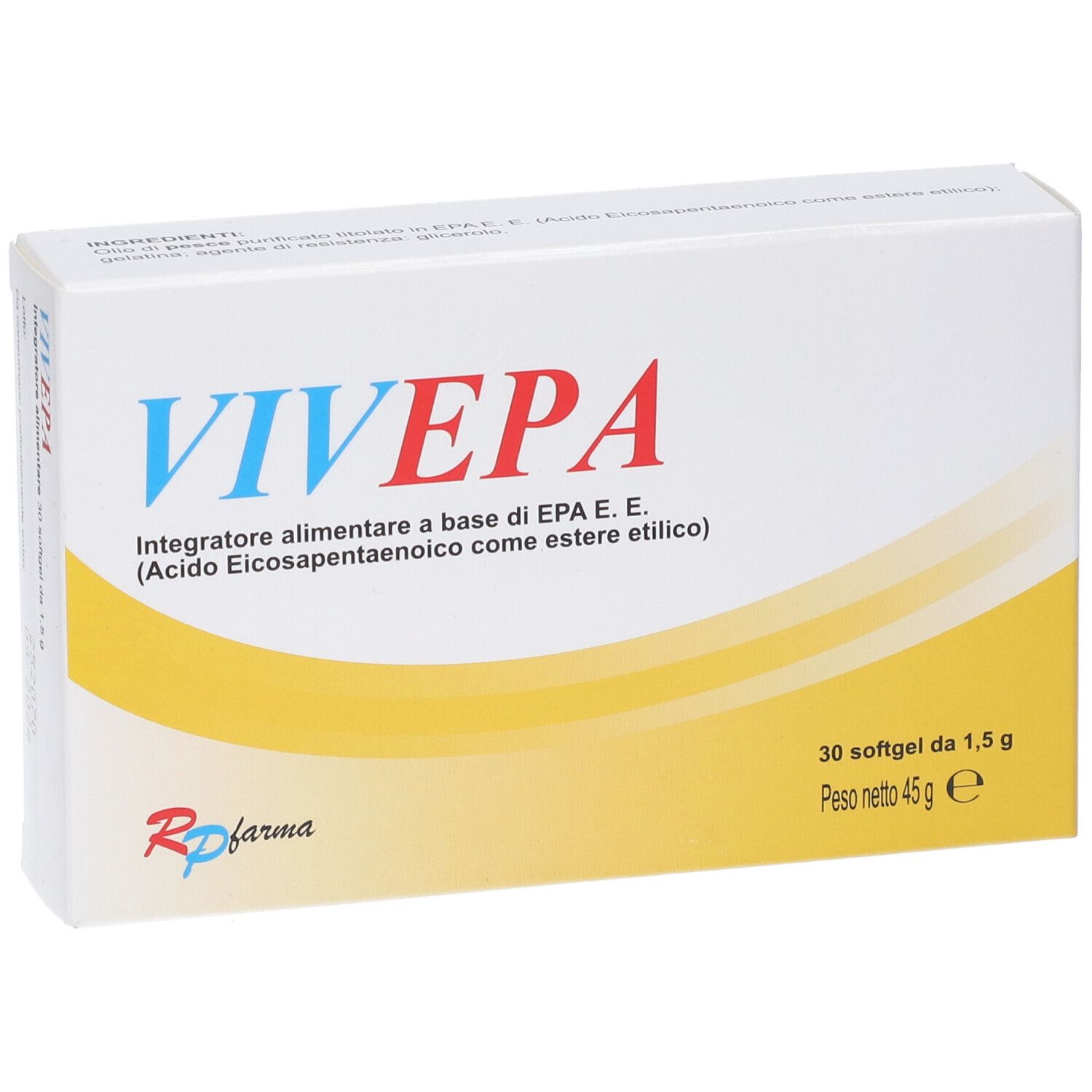 Confezione Vivepa. Scatola bianca con testo blu e rosso. Contiene 30 softgel. Logo Rp farma.