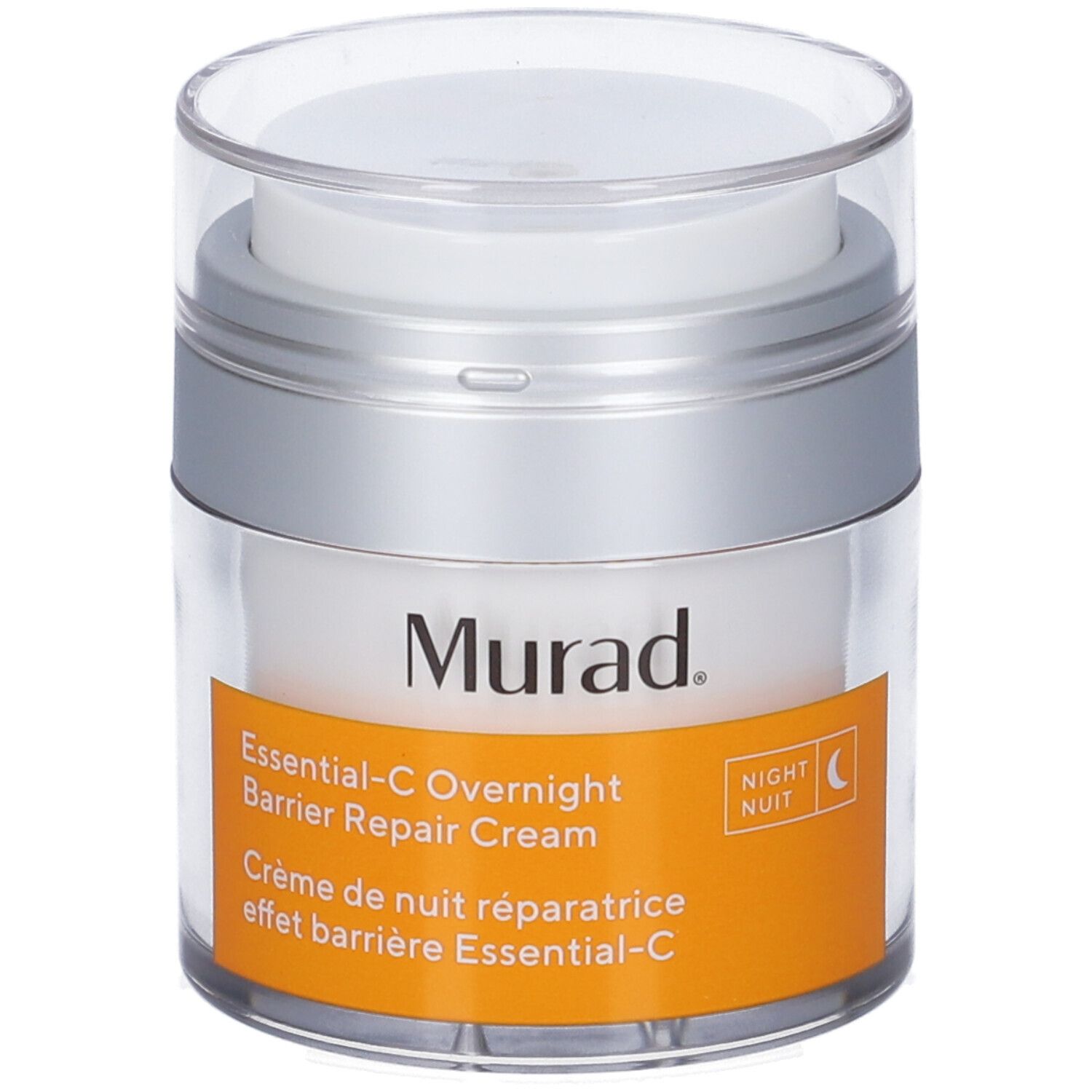 Barattolo di crema con coperchio. Scritta Murad e Essential-C Overnight Barrier Repair Cream. Etichetta arancione.