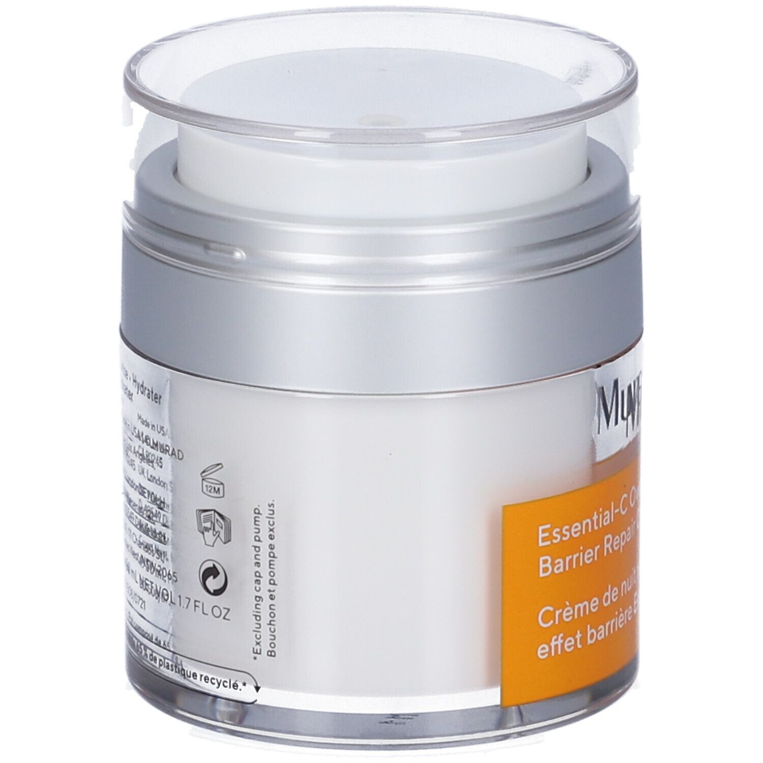 Barattolo di crema con coperchio. Scritta Murad e Essential-C Overnight Barrier Repair Cream. Etichetta arancione.