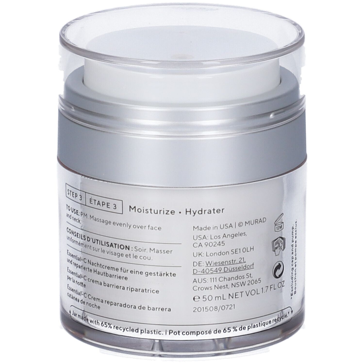 Barattolo di crema con coperchio. Scritta Murad e Essential-C Overnight Barrier Repair Cream. Etichetta arancione.