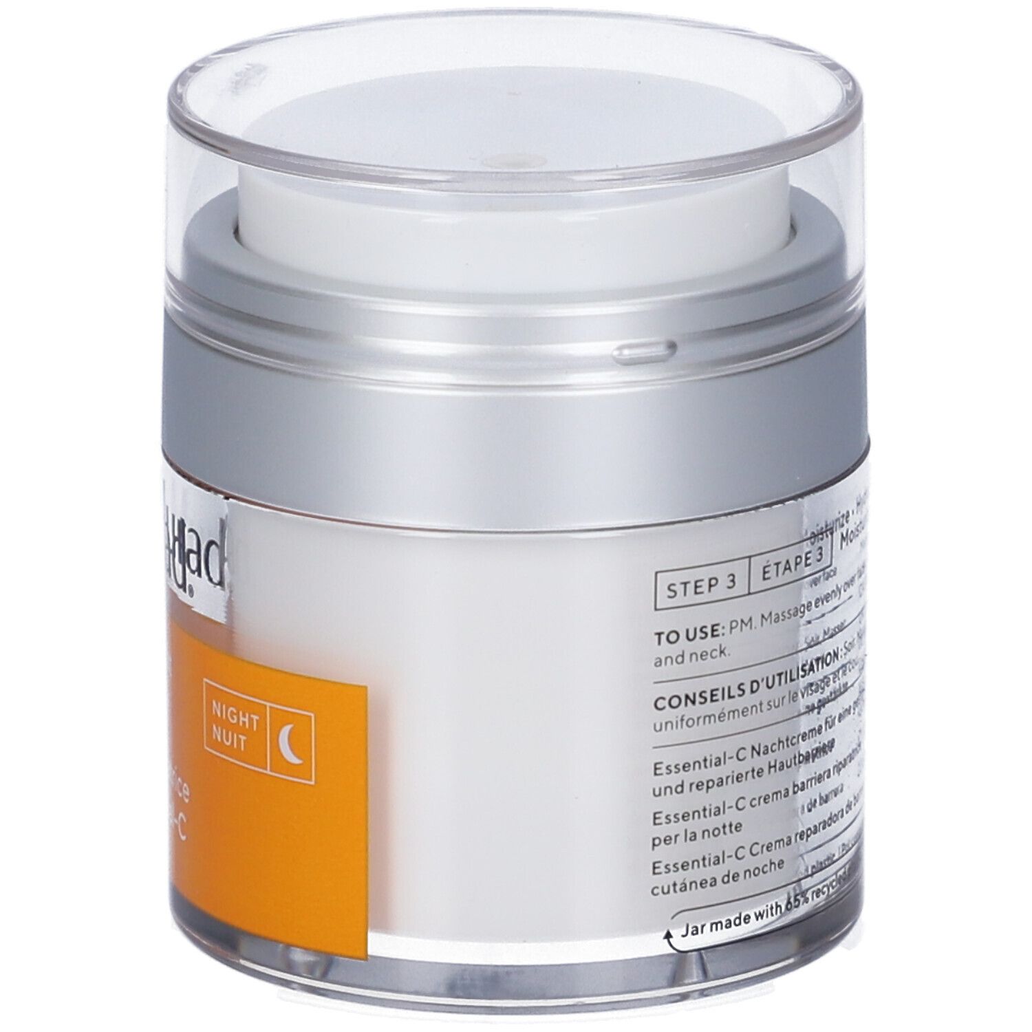 Barattolo di crema con coperchio. Scritta Murad e Essential-C Overnight Barrier Repair Cream. Etichetta arancione.