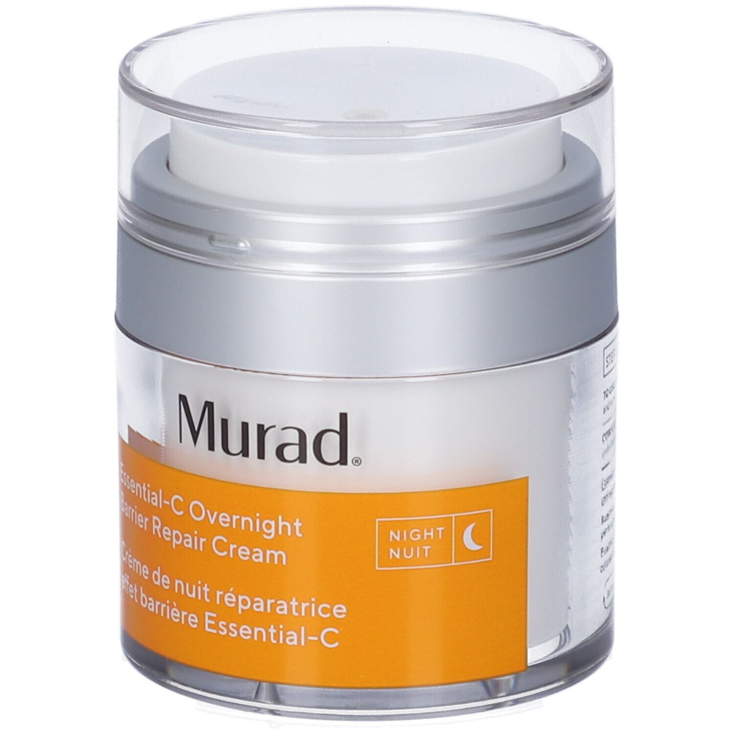 Barattolo di crema con coperchio. Scritta Murad e Essential-C Overnight Barrier Repair Cream. Etichetta arancione.
