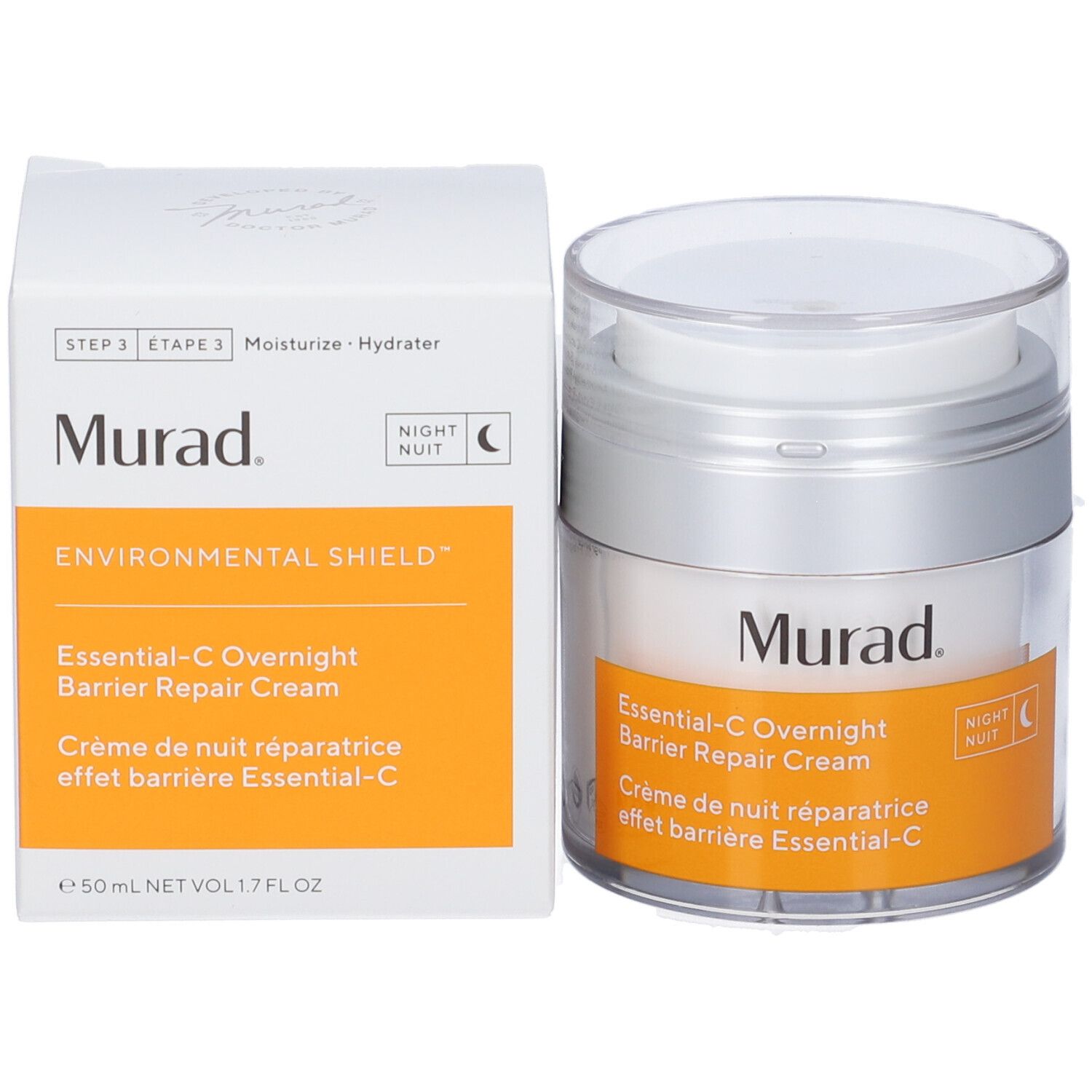 Barattolo di crema e scatola. Scritta Murad e Essential-C Overnight Barrier Repair Cream. Etichetta arancione.