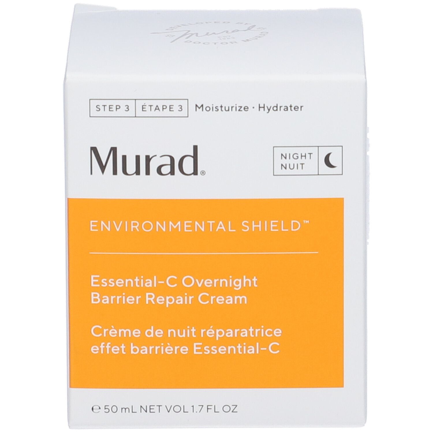 Scatola bianca con scritta Murad, Essential-C Overnight Barrier Repair Cream. Sfondo arancione.