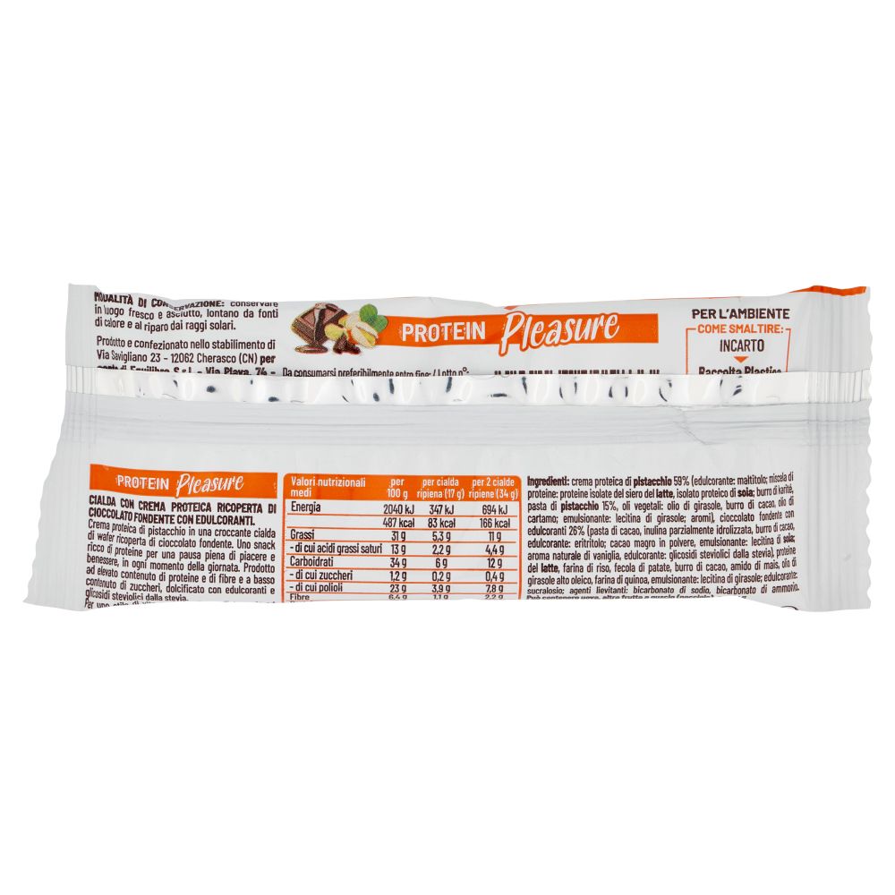 Retro confezione Equilibra® Protein Pleasure. Contiene informazioni nutrizionali ed elenco ingredienti.