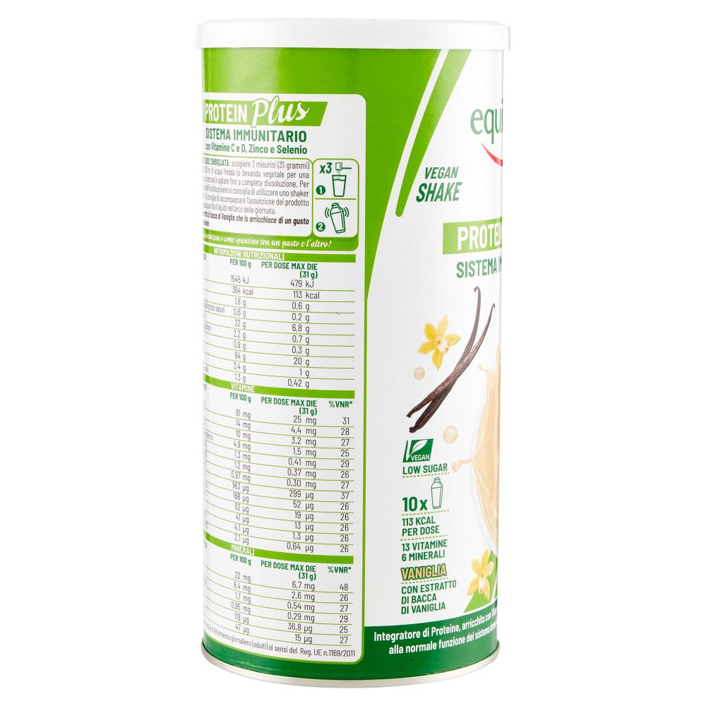 Retro del barattolo. Testo: Protein Plus, Sistema Immunitario, informazioni nutrizionali, ingredienti, istruzioni per l'uso.