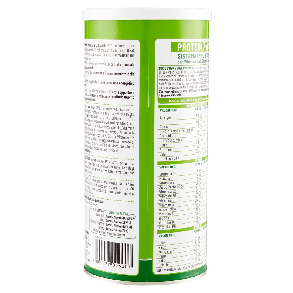 Retro del barattolo. Testo: Sistema Immunitario Equilibra®, informazioni nutrizionali, ingredienti, istruzioni per l'uso, codice a barre.