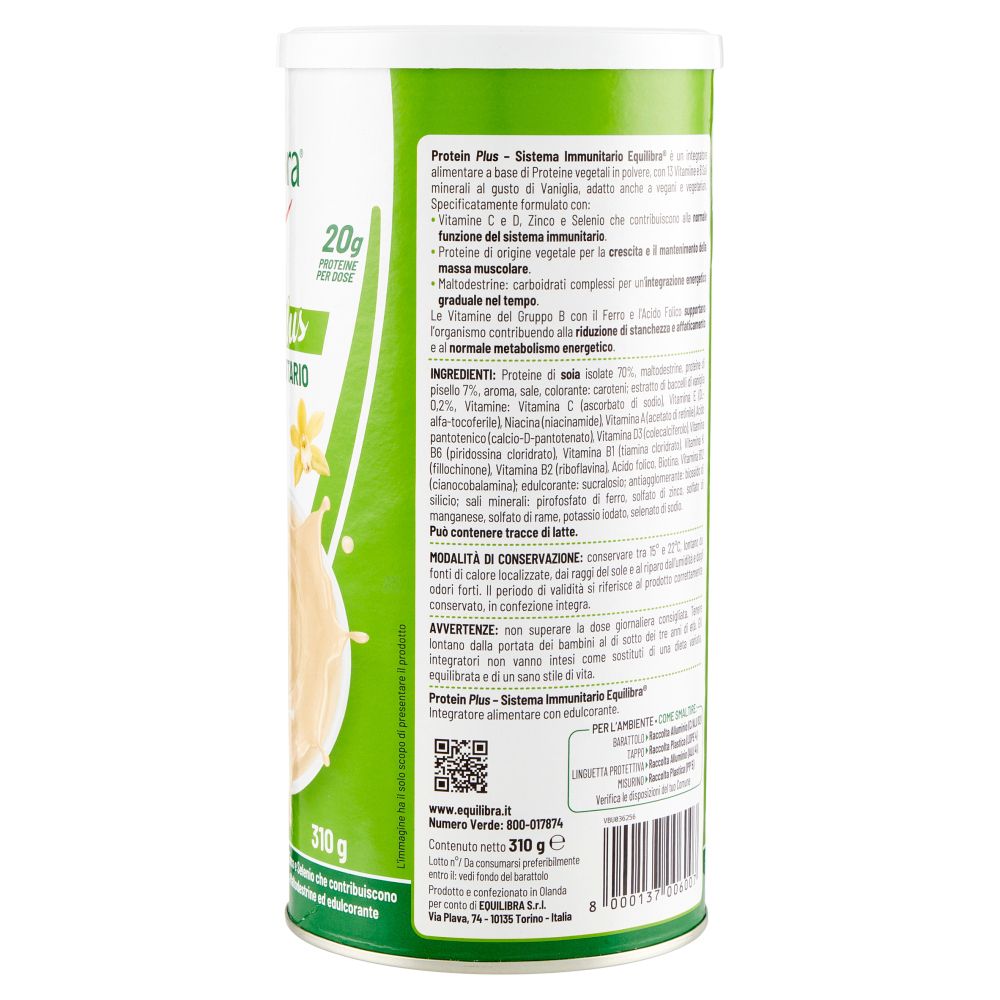 Retro del barattolo. Testo: Protein Plus, Sistema Immunitario, ingredienti, istruzioni per l'uso, avvertenze, codice QR.